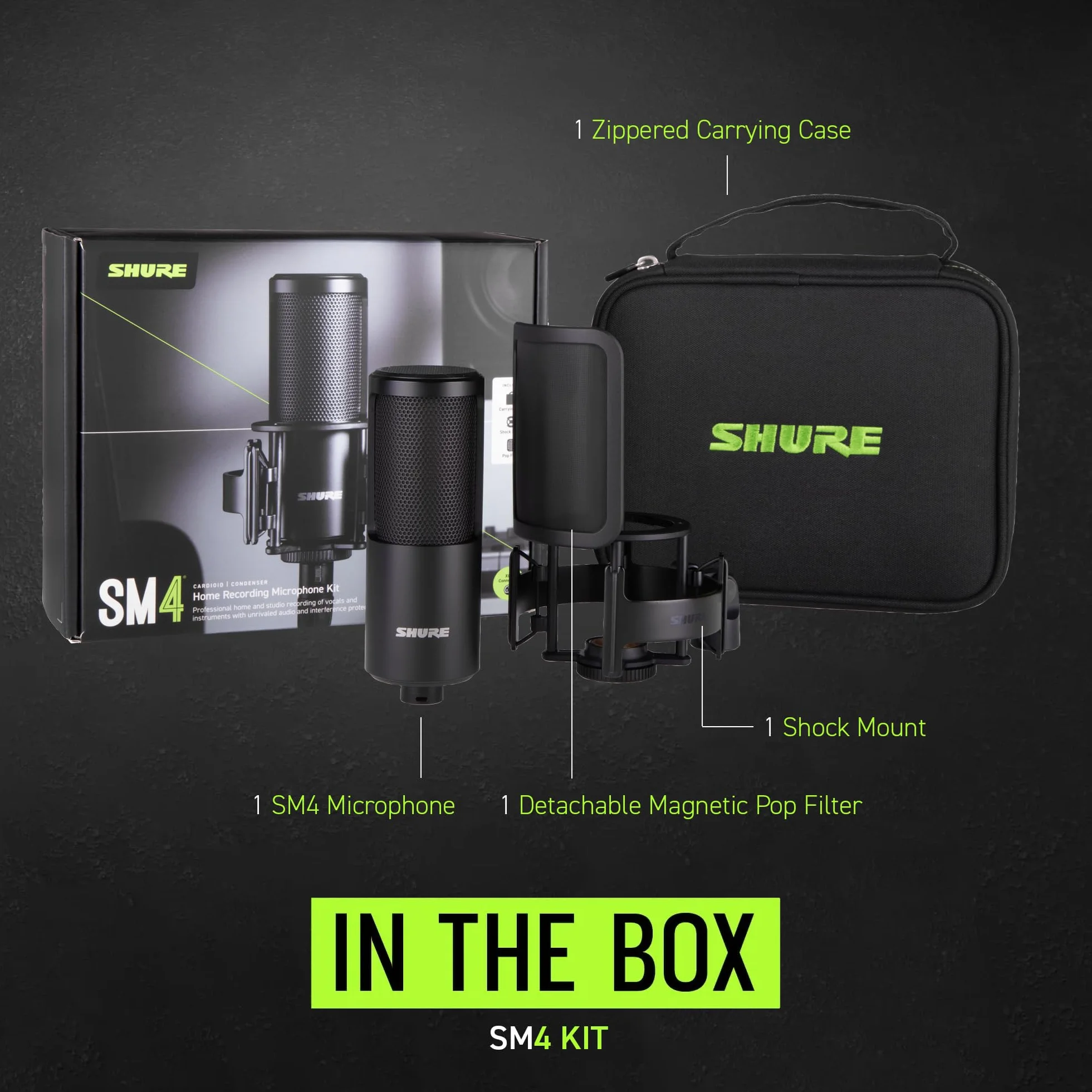 Shure SM4 Studio Recording Microphone Kit, XLR Home Studio Condenser Mic Optimized for Soft Vocals to Loud Instruments with Mix-Ready Audio All-Metal Construction (SM4-K-KIT)