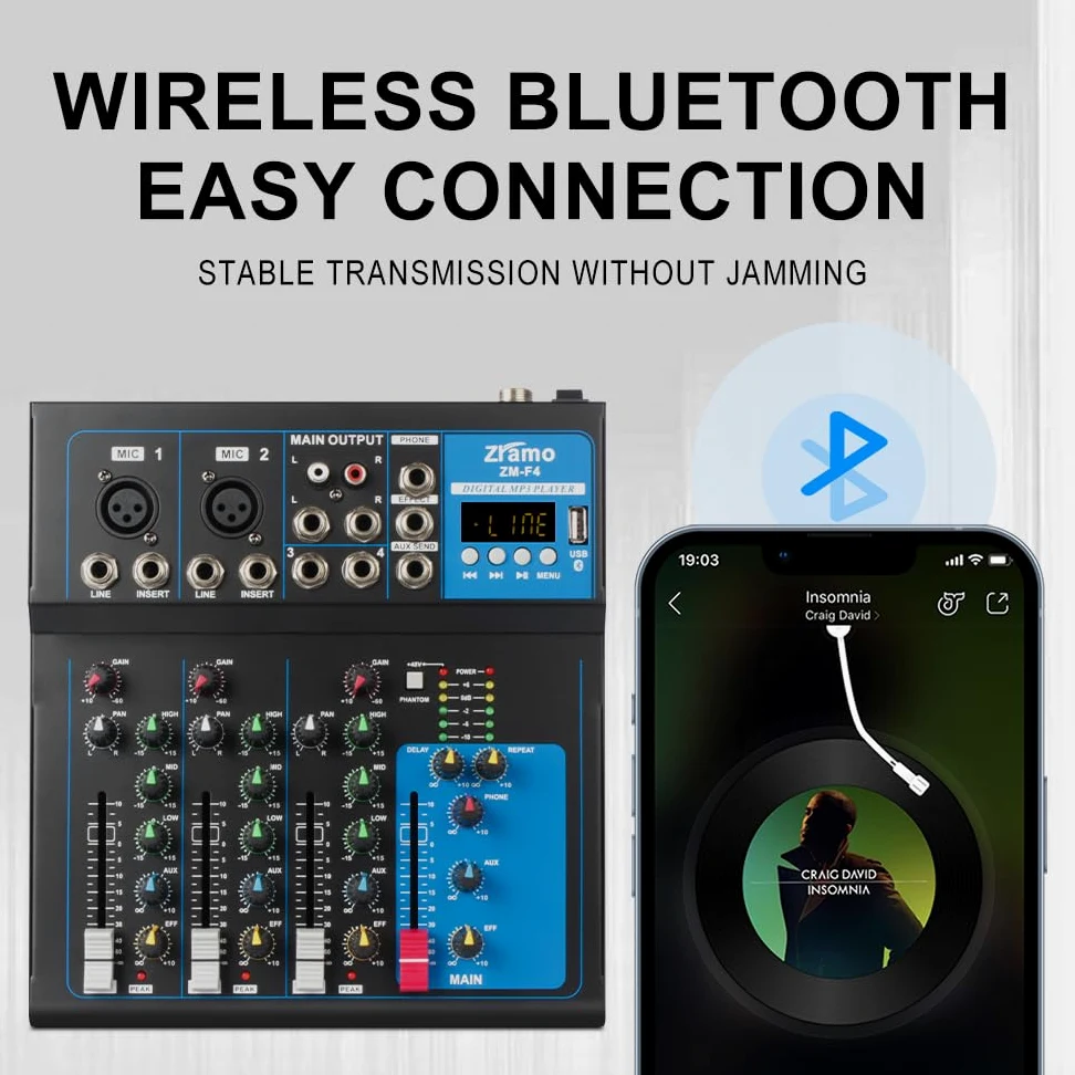 Professional Audio Mixer for keyboard guitar mics with Bluetooth, 4/7/10 Channel Mixing Console with USB Clean Audio Interface,Ideal for Rehearsals,Church and Karaoke live show (ZM-F4)
