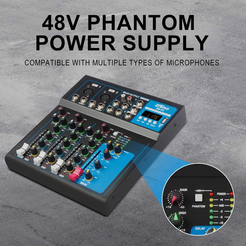 Professional Audio Mixer for keyboard guitar mics with Bluetooth, 4/7/10 Channel Mixing Console with USB Clean Audio Interface,Ideal for Rehearsals,Church and Karaoke live show (ZM-F4)