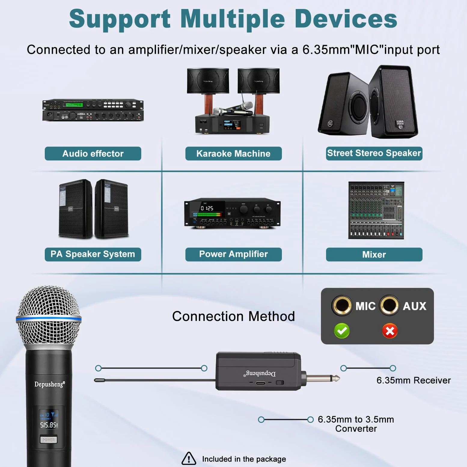 Depusheng Sistema di microfono karaoke wireless duale, set di microfono dinamico con ricevitore ricaricabile per canto, festa, DJ, matrimonio