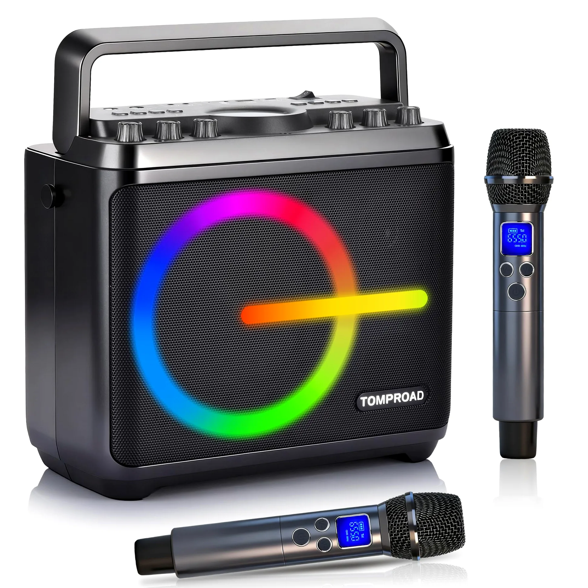 Macchina per karaoke, altoparlante Bluetooth con 2 microfoni wireless, sistema PA portatile per adulti e bambini con luci LED, regolazione dei bassi/acuti, scheda TF/USB, REC per feste a casa(nero)