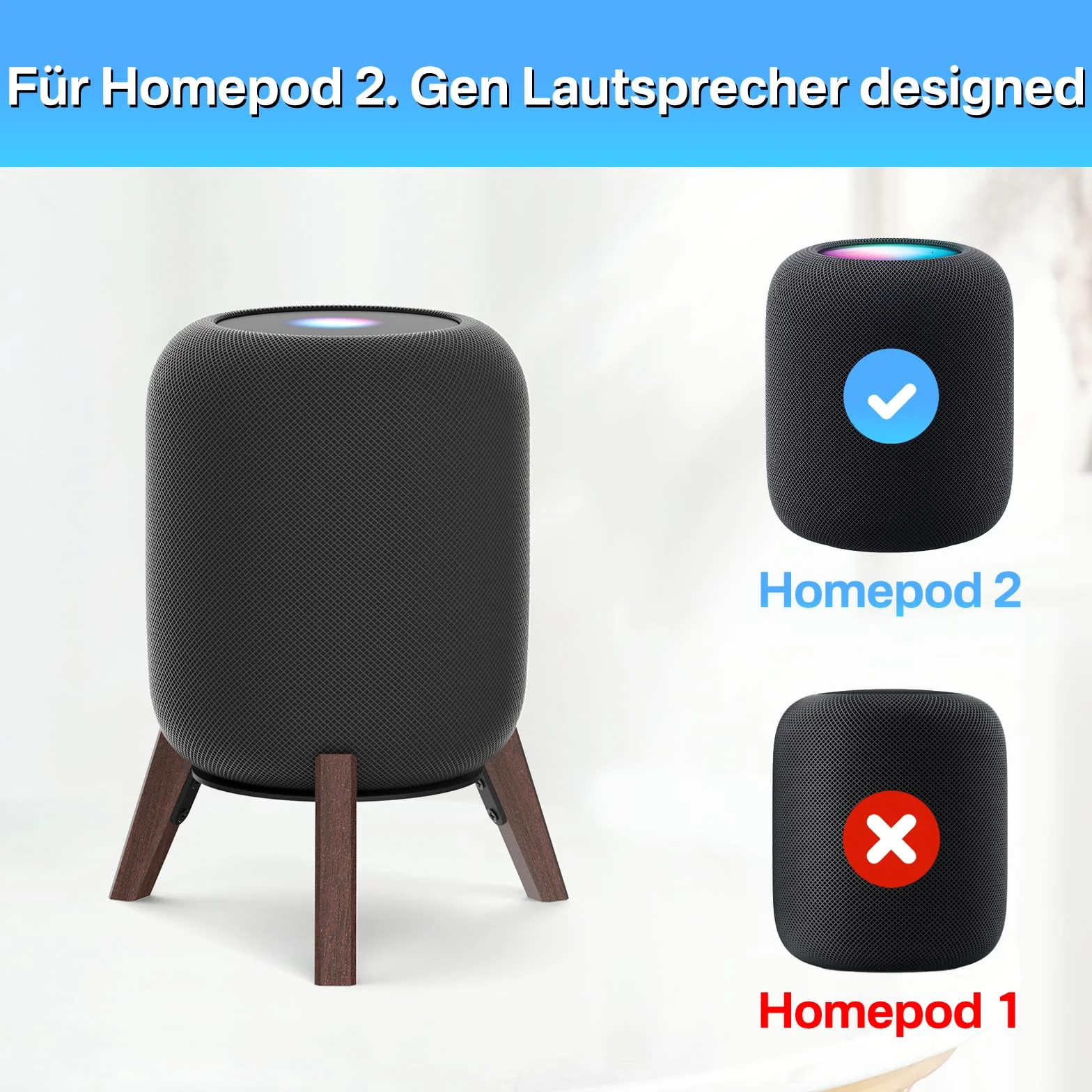 notiela Supporto da tavolo in legno nero per HomePod 1 e 2 - Supporto da scrivania in legno antiscivolo con design a tre zampe, compatibile con HomePod di prima e seconda generazione