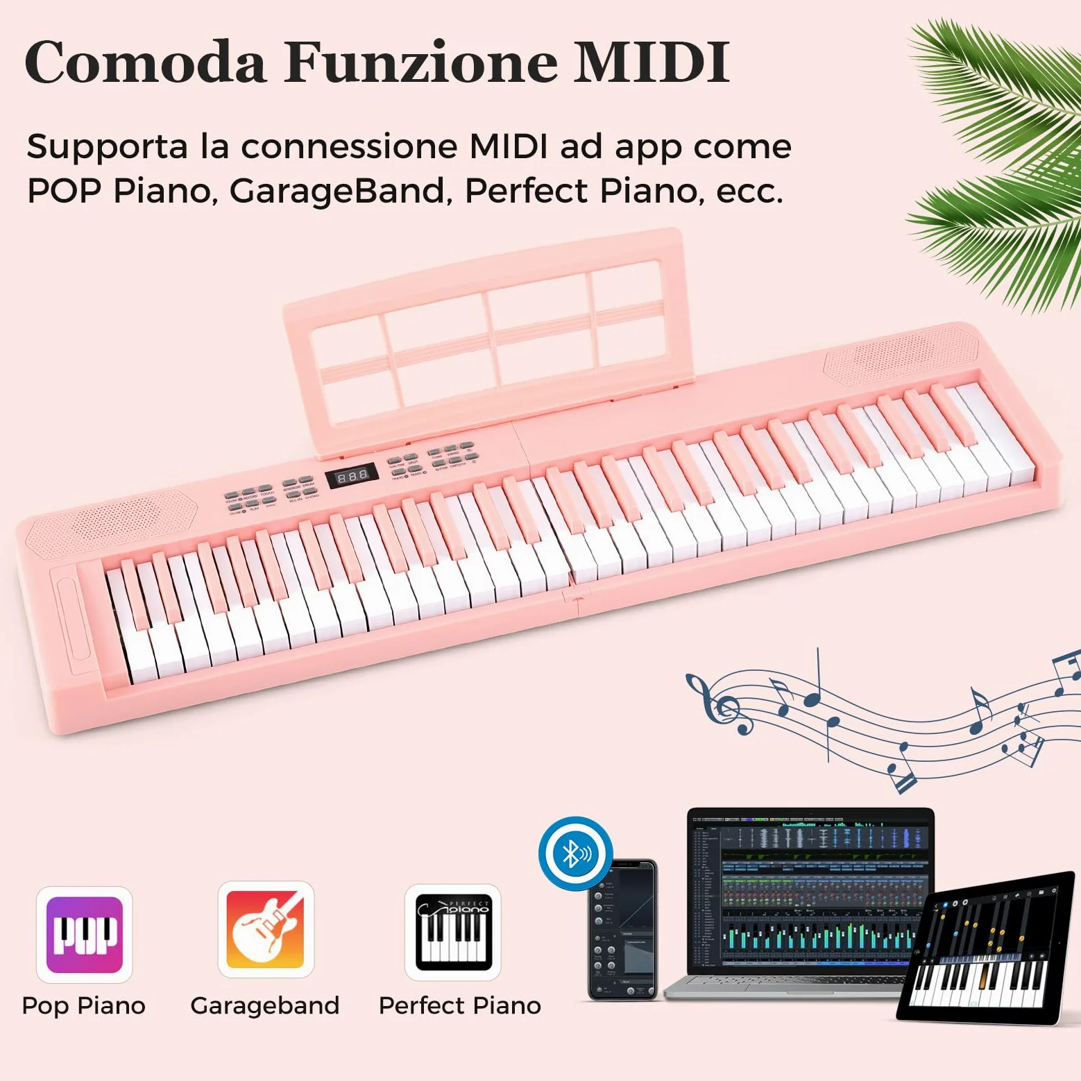 COSTWAY Tastiera Pianoforte Pieghevole a 61 Tasti, Tastiera Elettronica con Funzione MIDI, Cuffie, Pedale Sustain, Pianoforte Digitale Portatile per Principianti (Rosa)