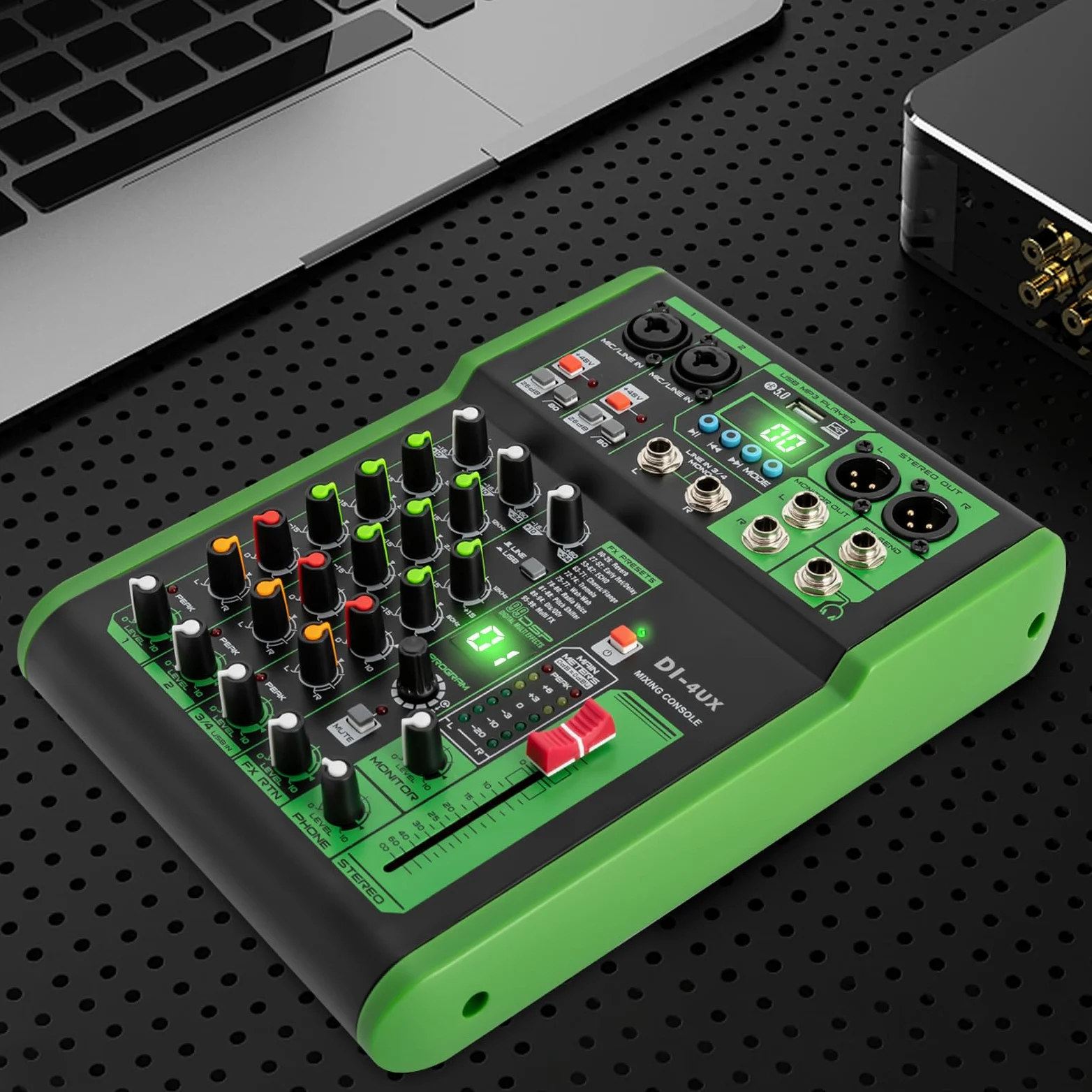 Mixer audio professionale, alimentazione phantom, preamplificatore per microfono, serie DI-4UX, verde, 19,3 x 26 x 4,5 cm