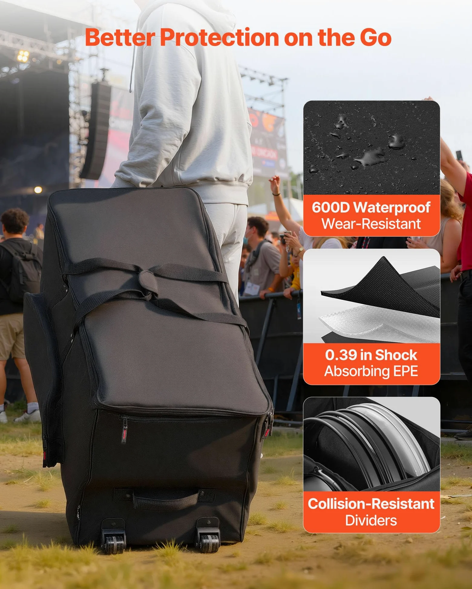 VEVOR Borsa per Batteria Elettronica in 600D, Borsa Imbottita con Ruote, Grande 91,4 x 42,1 x 41,9 cm di Interno, Custodia da Viaggio Leggera con Divisori Rimovibili, Tasche Multiple, Nero