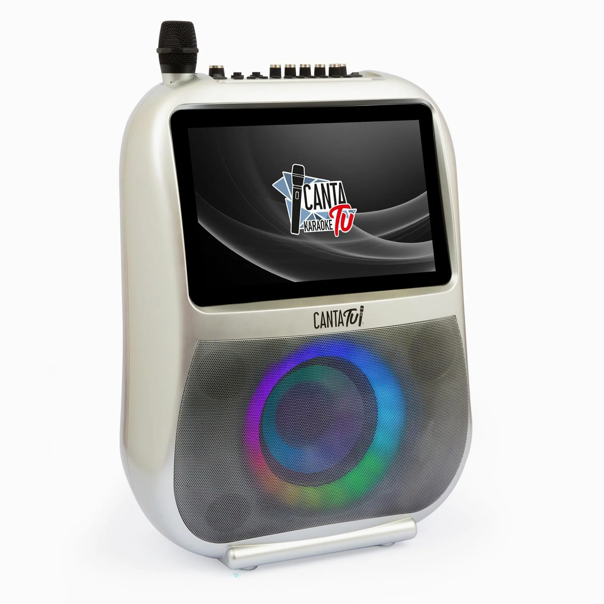 CANTA TU KARAOKE - PRO 2023 Professionale Completo con Microfono Wireless, Display Touch, Connessione Wi-Fi, Effetti Vocali, Luci LED, Batteria Ricaricabile, Voice Changer, Argento