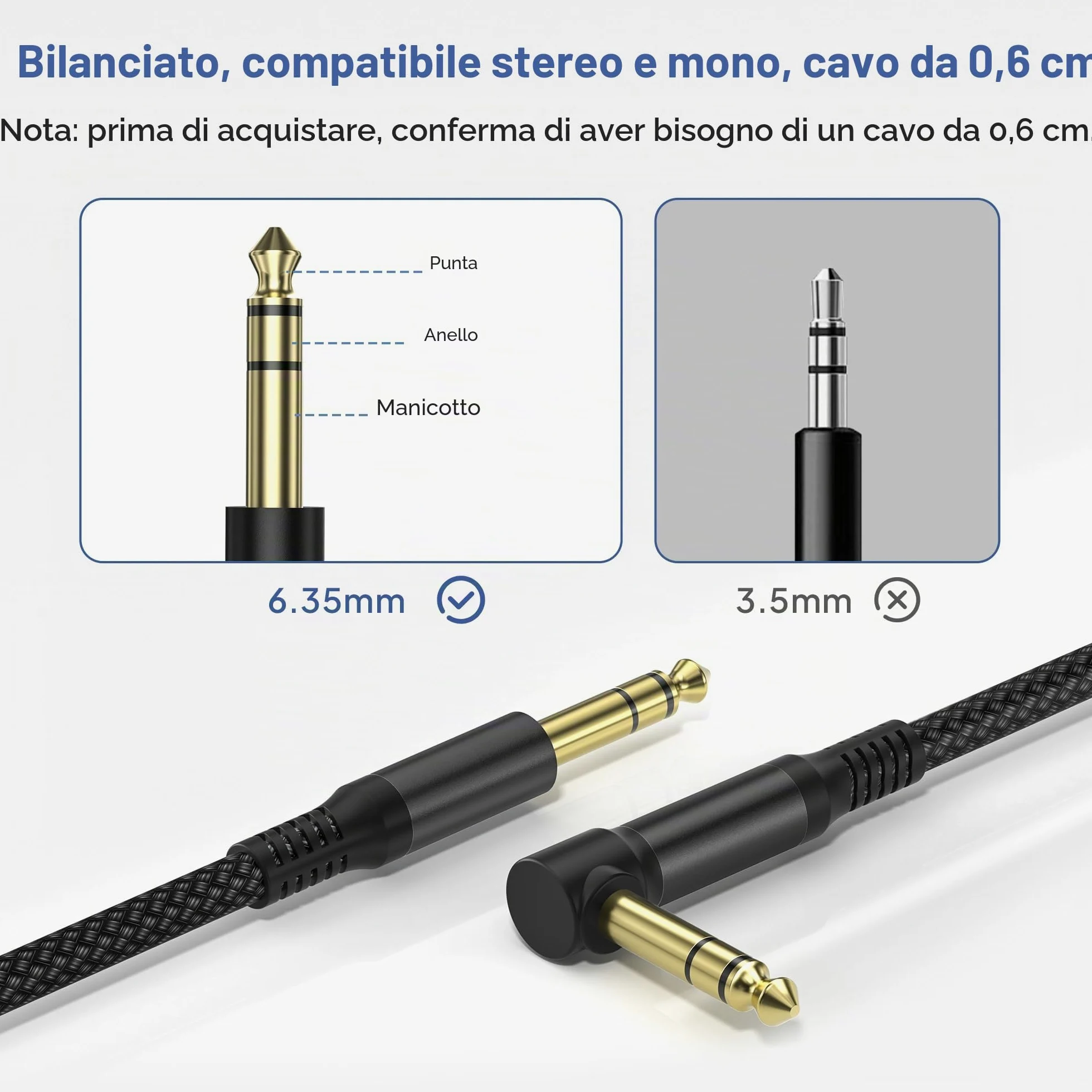 Elebase Cavo Audio Jack Angolo Retto 6.35 mm 3M 2-Pezzi,Cavi Filo Doppio 6.35mm Maschio,Cable Guitar TRS Bilanciato 90 Gradi Angolare 1/4 Pollici per Strumenti,Chitarra Elettrica,Basso,Tastiera,Amp