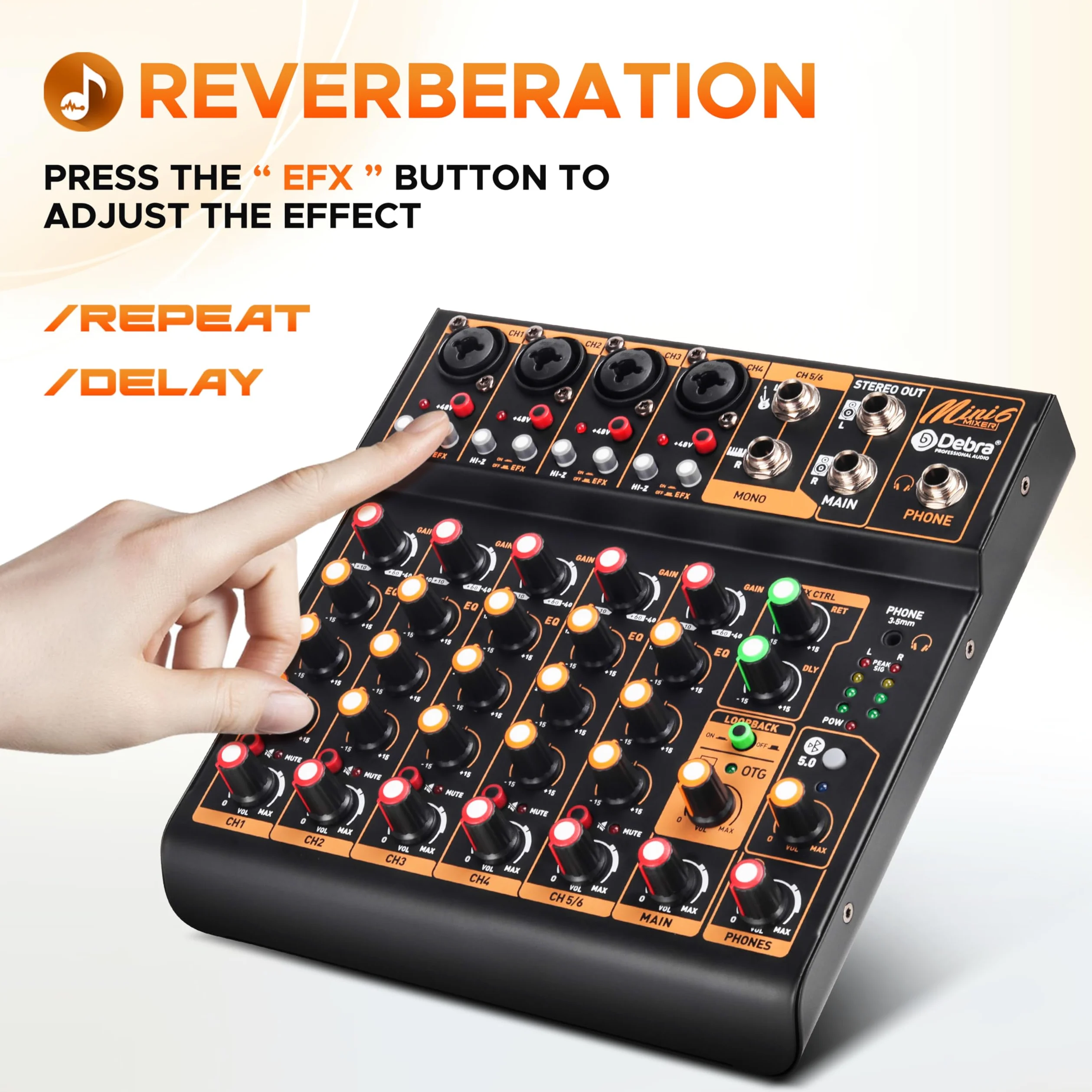 Mini6 Mixer Audio Professionale per DJ – Mixer a 6 Canali con Interfaccia USB, Bluetooth e Alimentazione Phantom 48V – Ideale per Streaming, Podcasting e Performance Live