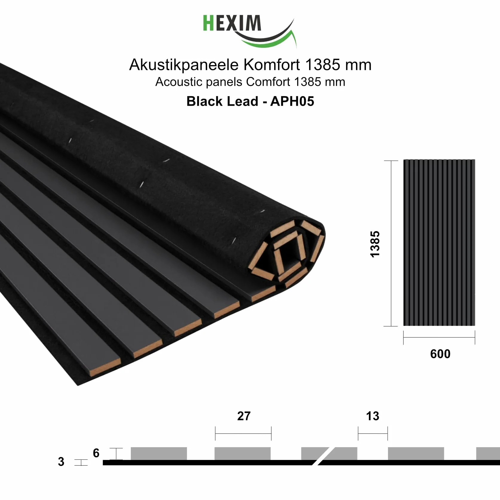 HEXIM Pannelli Acustici 138,5x60cm - Parete a Lamelle Flessibile Legno MDF Pannelli Murali Rivestimento a Lamelle Rivestimento Murale (8 pannelli / 6,64 m² Black Lead - APH05)