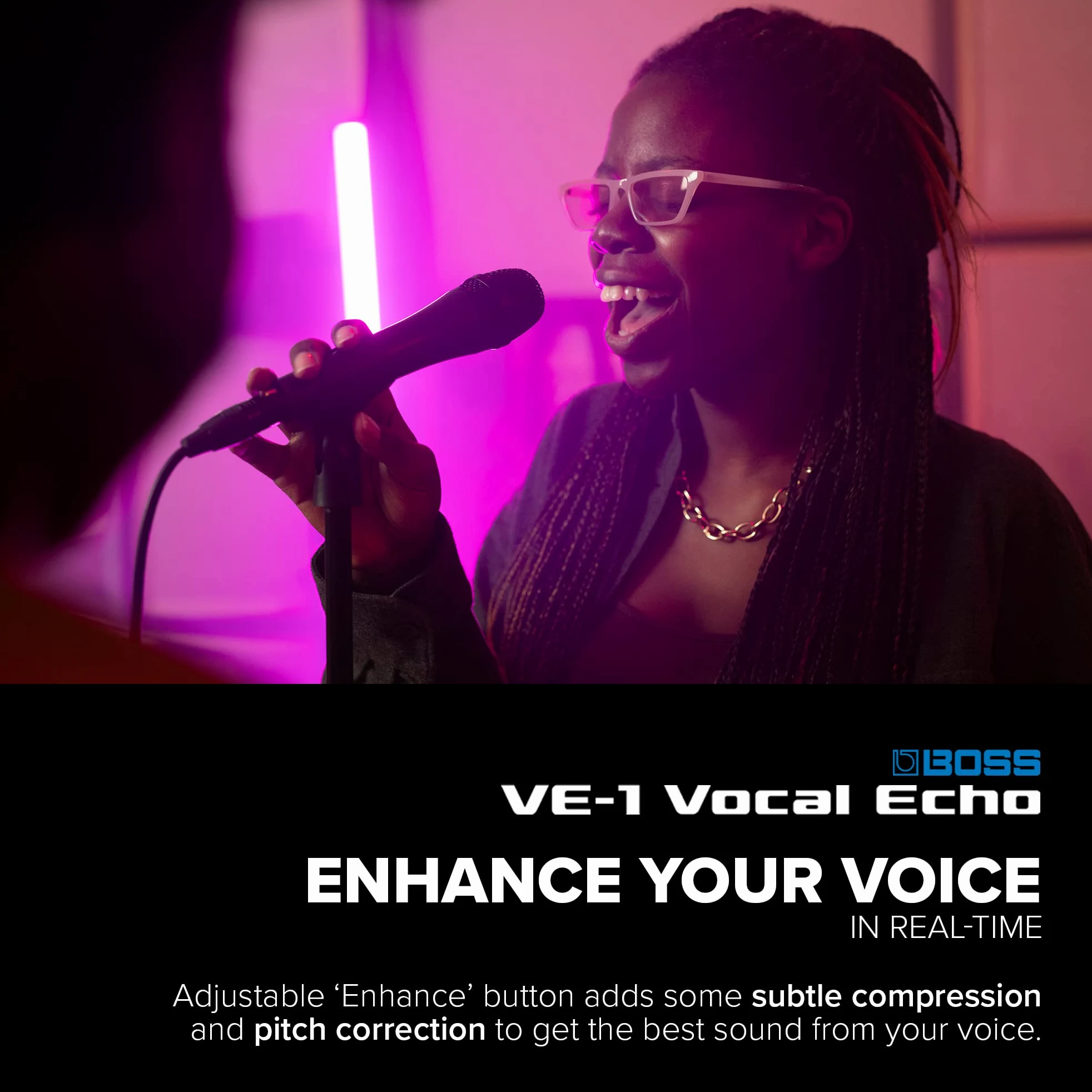 BOSS VE-1 Vocal Echo per Cantanti e Vocalist | Controllate il Suono della Vostra Voce in Tempo Reale | Aggiungete Ambienze Naturali o un Intenso Riverbero alla vostra Voce
