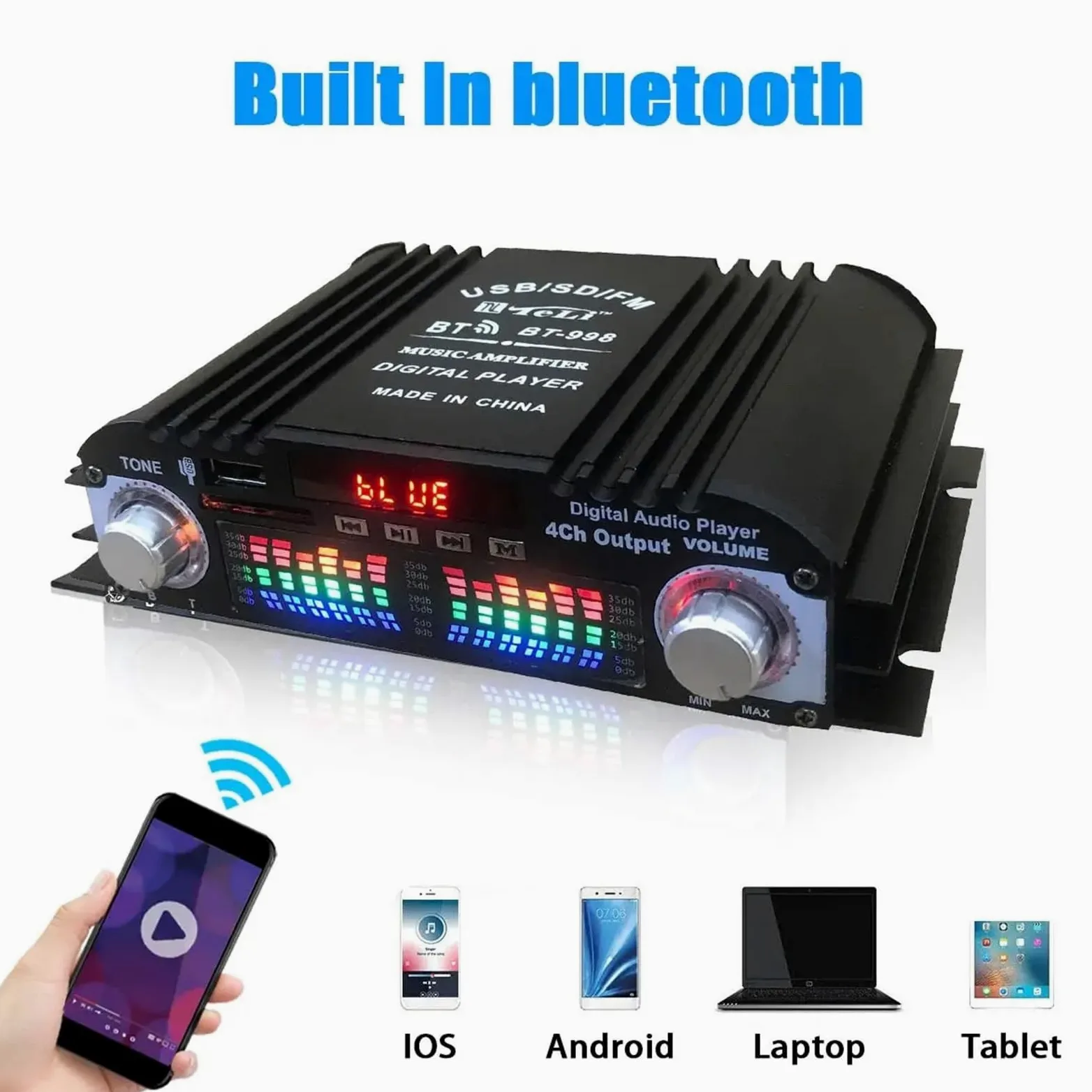 Amplificatore Audio HiFi con Potenza di Picco da 1600 W Amplificatore Audio Digitale a 4 canali Lettore Radio FM Supporto Telecomando