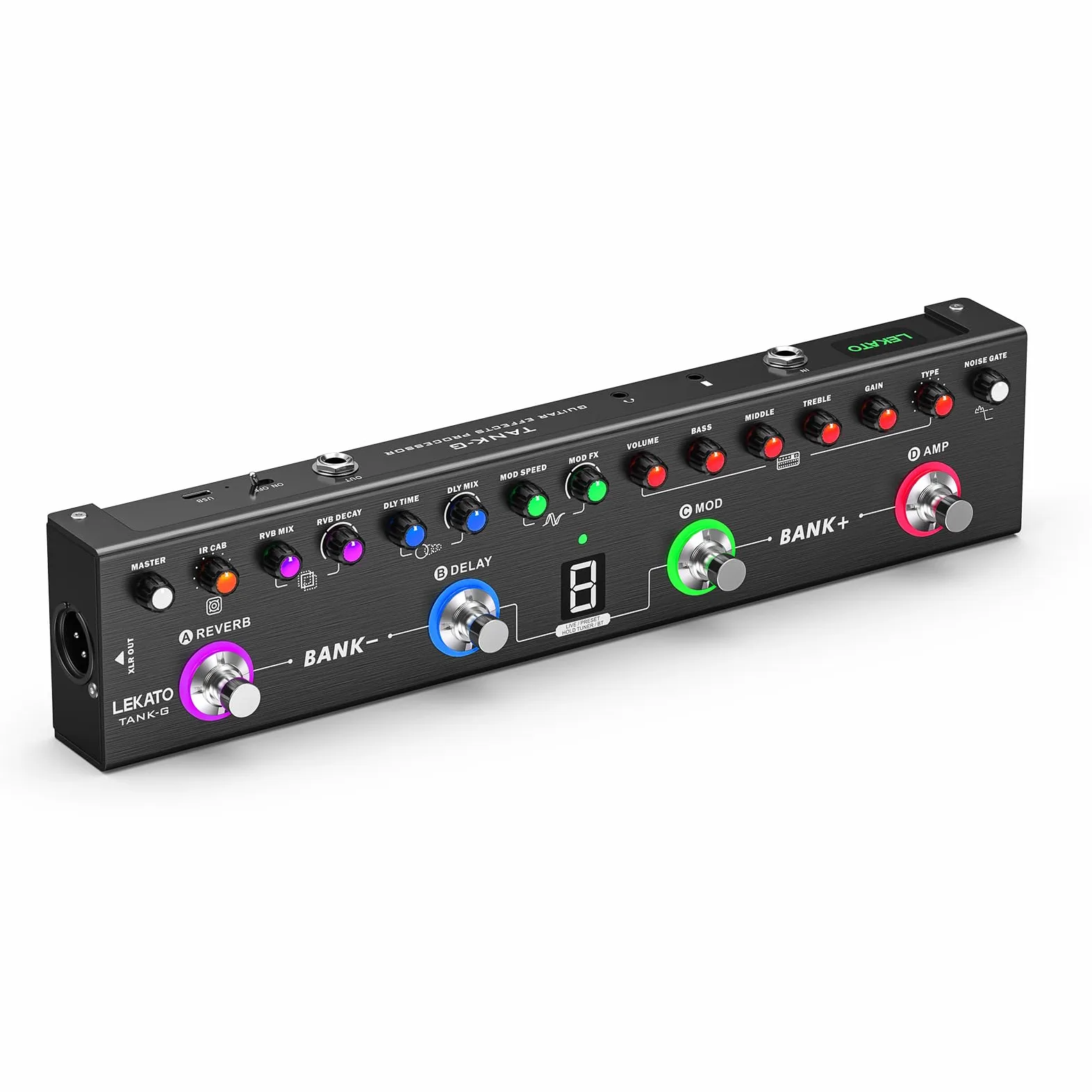 LEKATO Pedale per chitarra multi-effetto, 36 preset modificabili, coro, delay, reverbo, MOD, ricarica IR, registrazione, batteria integrata, connessione BT