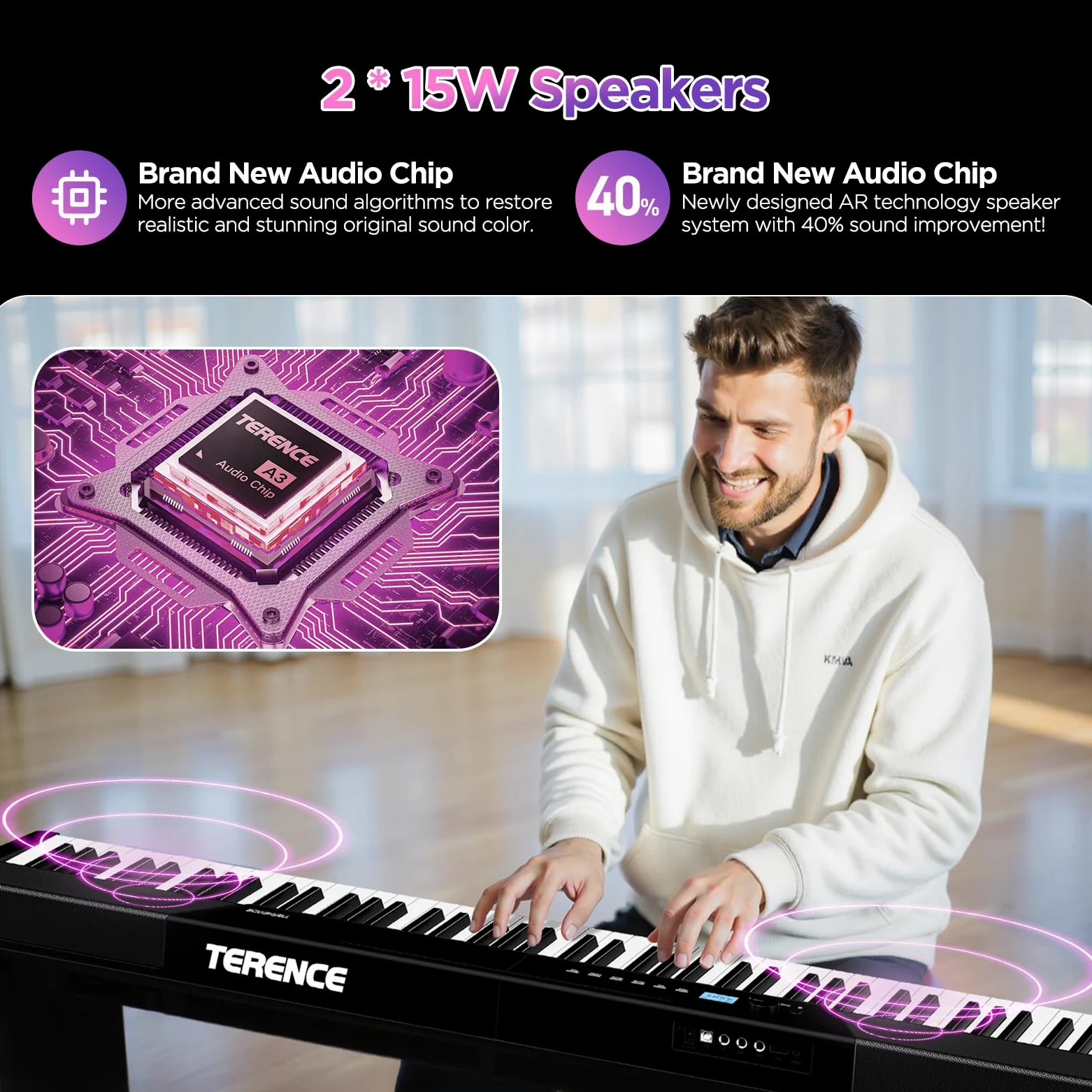 TERENCE Pianoforte Digitale 88 Tasti Tastiera Dinamica Pesata 2 x 15W di Altoparlanti Pannello di Controllo Tattile Funzione di registrazione video Supporto per Cuffie e Altoparlanti Esterni