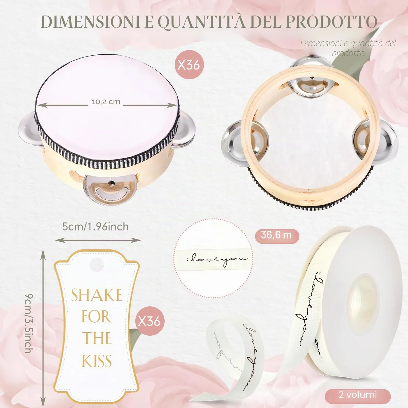 Set di 36 tamburelli da matrimonio da 10,2 cm, per adulti, in legno, con sonagli in metallo, etichette regalo, strumento musicale per chiesa, matrimoni, bomboniere