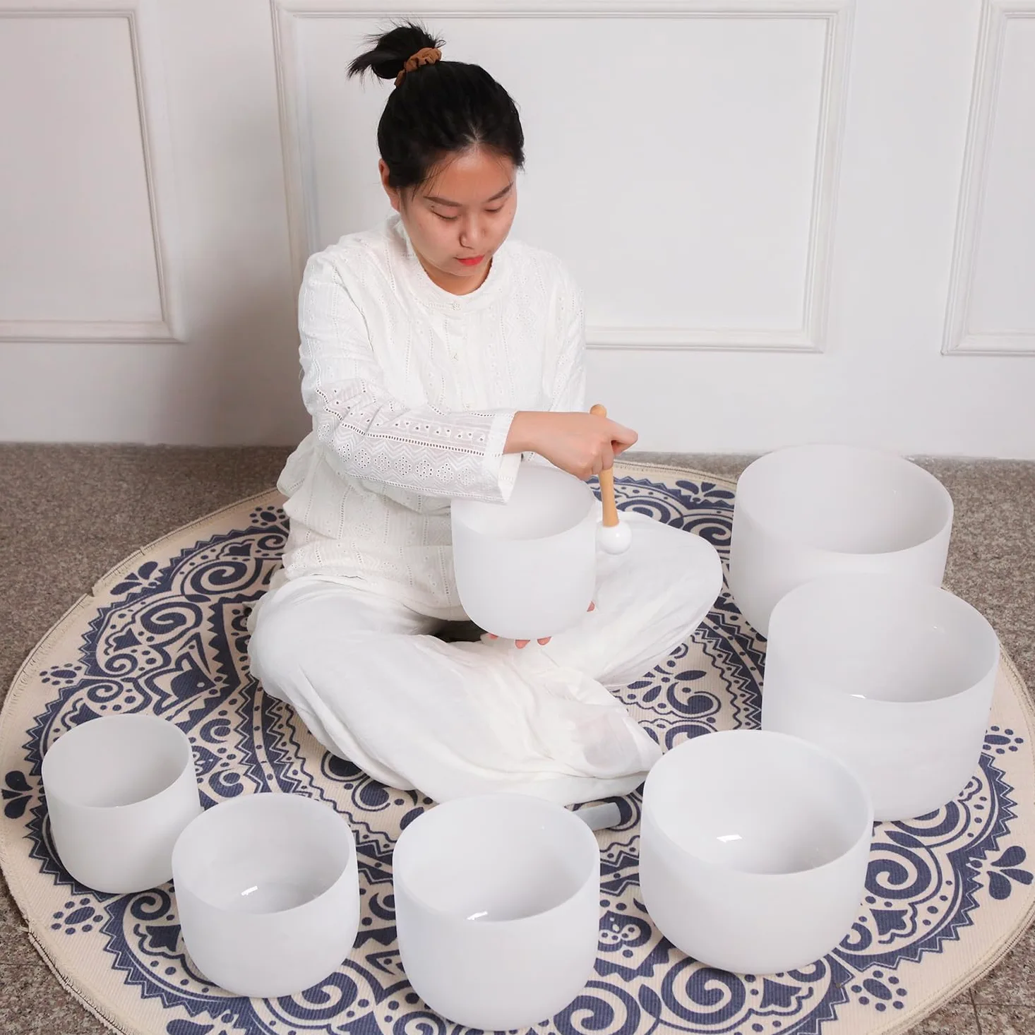 Hye-eun Set di 7 campane tibetane in cristallo da 17-30,5 cm, 432 Hz, per chakra, yoga, meditazione, con custodia resistente