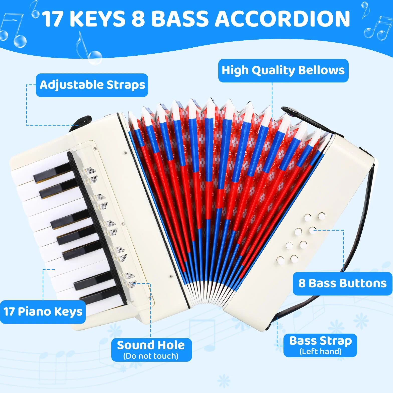 Fisarmonica per Bambini,17 Tasti 8 Bassi,Organetto professionale cinghie regolabili,Fisarmonica a Bottonicon per adulti e bambini dai 3 anni,Concertina strument musicale regalo per principianti,bianco