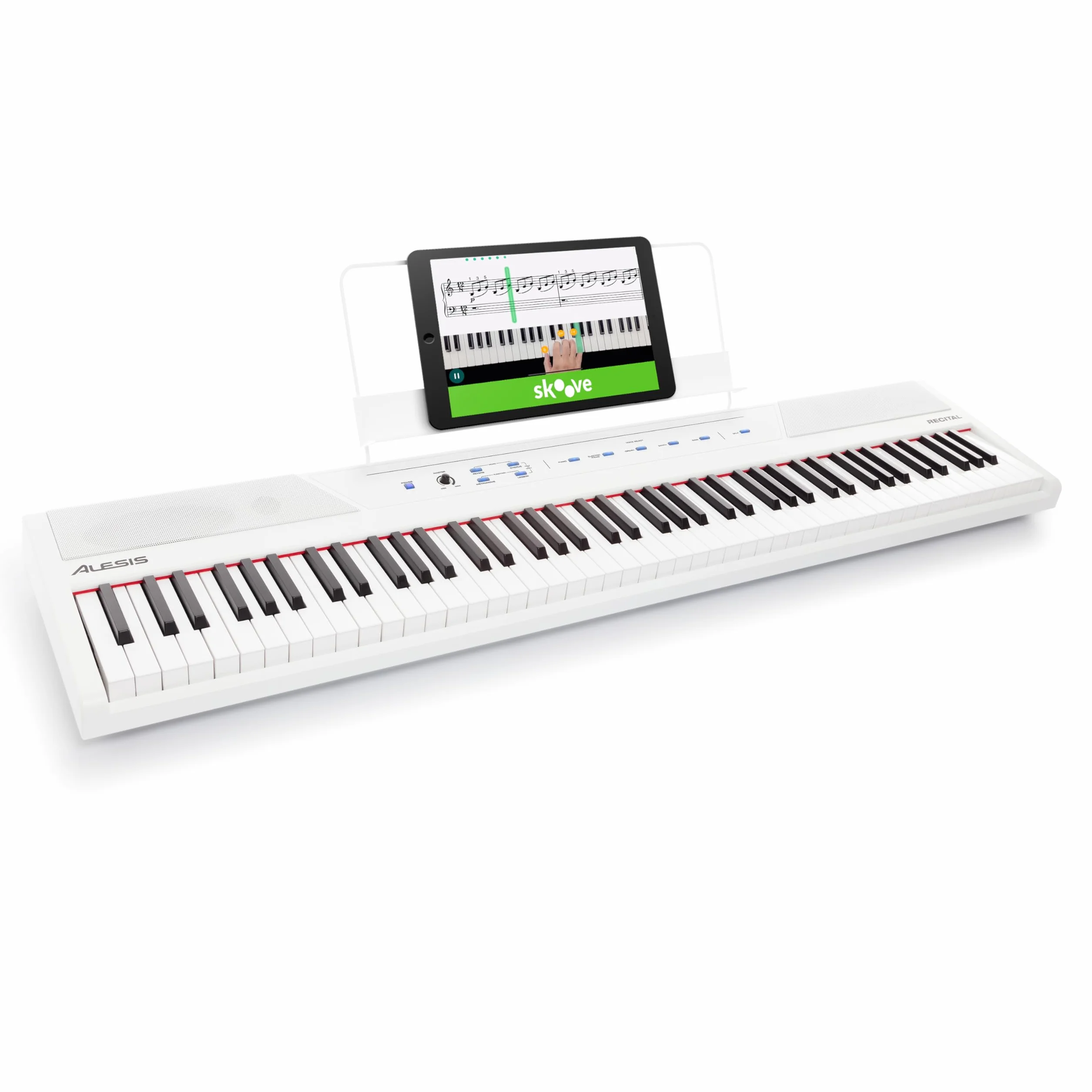 Alesis Recital - Pianoforte Digitale con 88 Tasti Semi Pesati, Casse Integrate, 5 Suoni e Lezioni, Bianco
