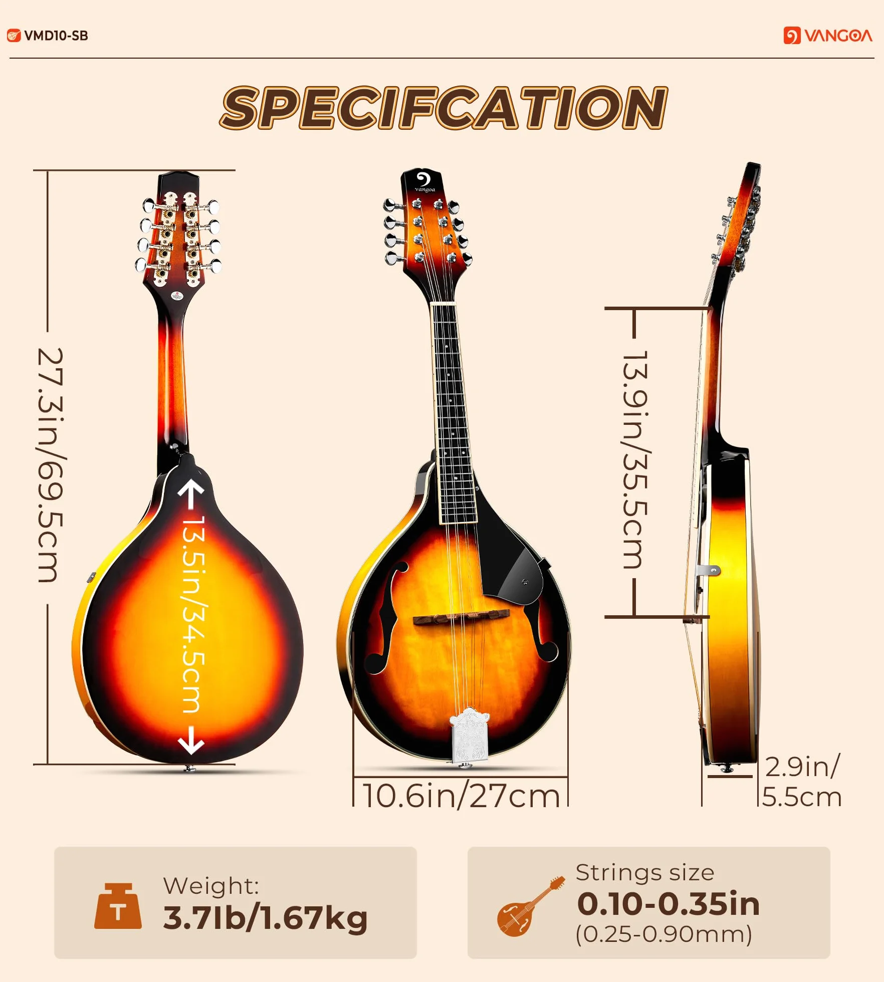 Vangoa Acustico Mandolino Strumento A-stile Mandolin Bluegrass Mandolino a 8 corde per Principiante, Sunburst