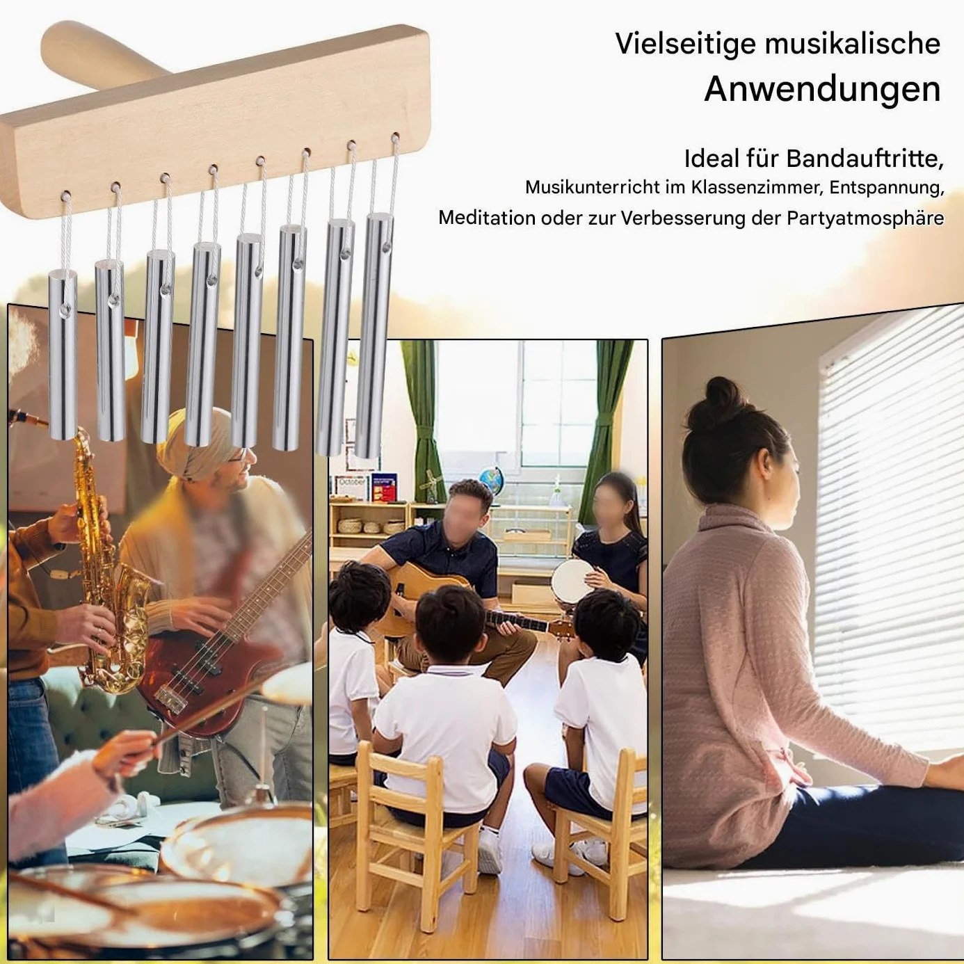 Chimes Percussion - Campana a mano in legno con 8 toni, strumento musicale con tubi in alluminio e bastone per scuola, yoga, giardino, soggiorno, casa, uomo e donna