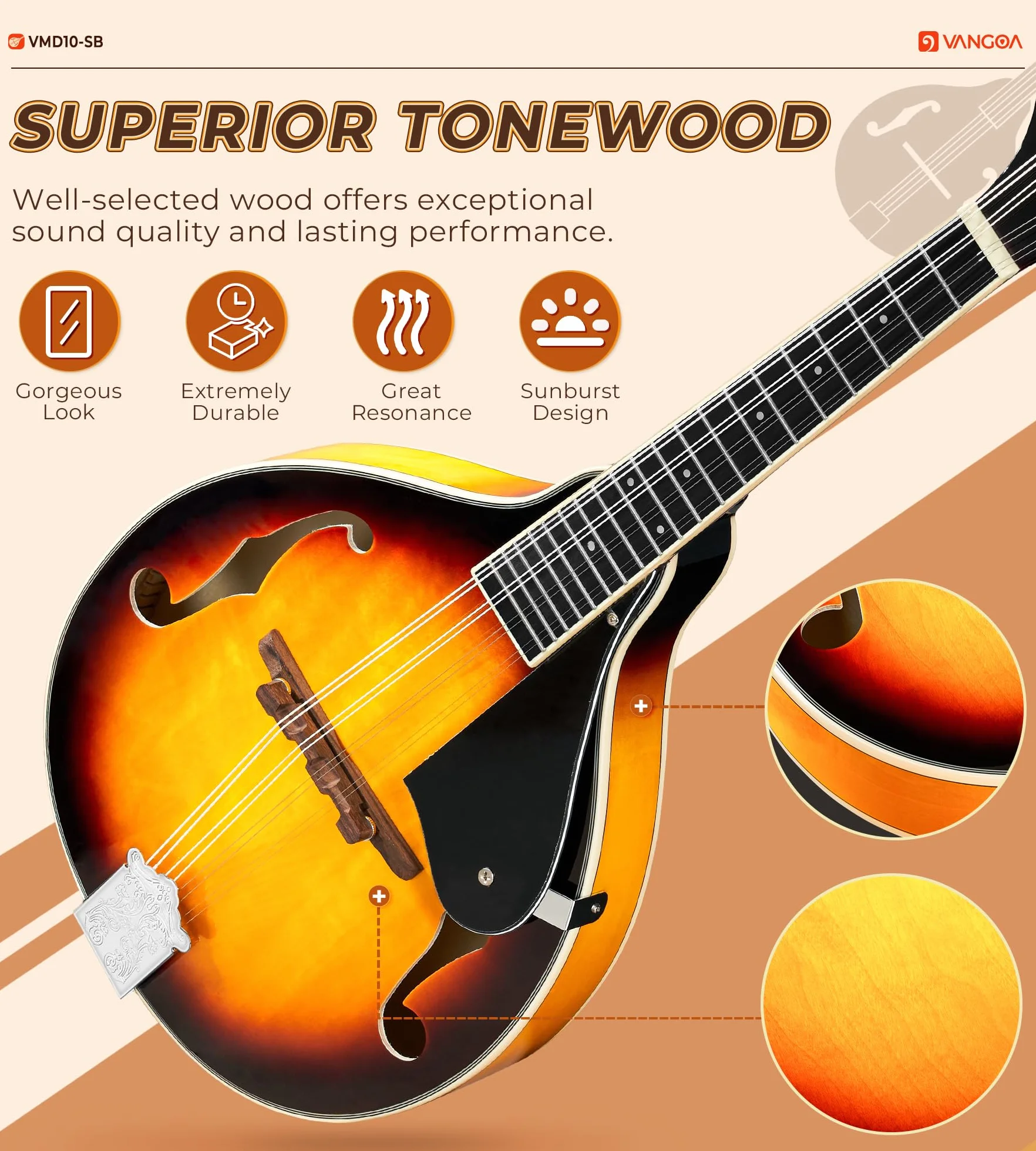 Vangoa Acustico Mandolino Strumento A-stile Mandolin Bluegrass Mandolino a 8 corde per Principiante, Sunburst