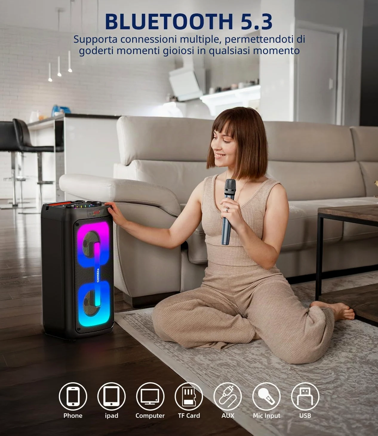 Macchina per Karaoke per, altoparlante Bluetooth Portatile con 2 Microfoni Wireless Sistema PA con luci da discoteca, ideale per grandi feste all'aperto, con supporto USB/TF/REC/AUX