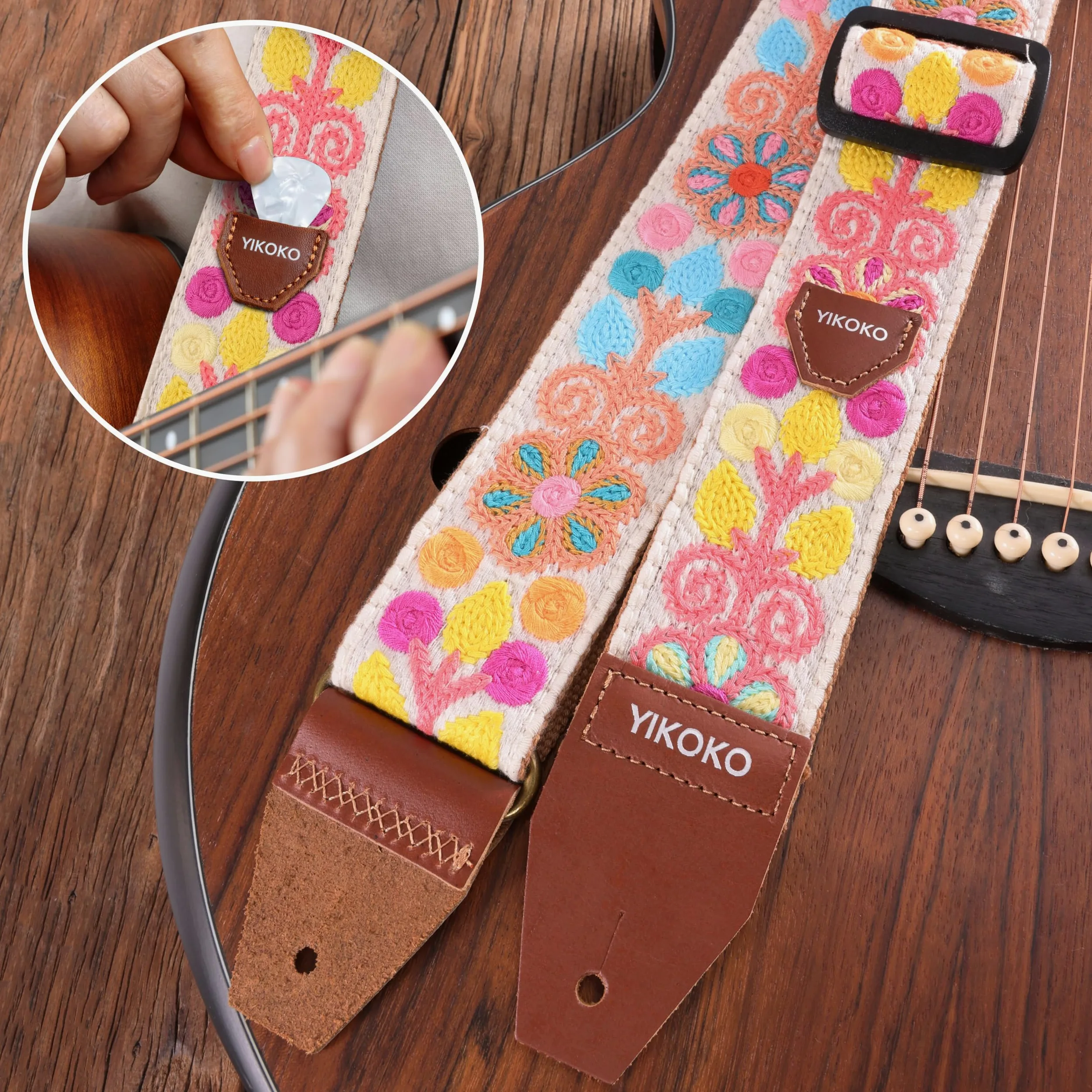 YIKOKO Tracolla per chitarra da 5,1 cm, in cotone, con estremità in pelle pieno fiore, per basso, chitarra elettrica e acustica