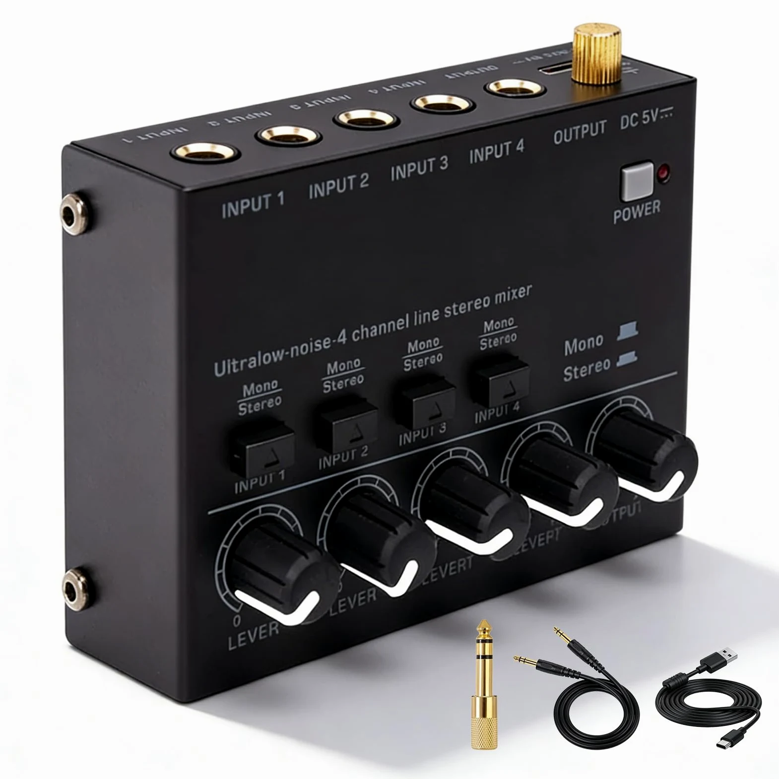 Mixer Audio a 4 Canali, Mixer Audio Stereo, Mixer Attivo Con Cavo Audio da 6,35 mm e Adattatore da 3,5 mm a 6,35 mm, Mixer Audio Stereo a 4 Canali Con 4 Ingressi e 1 Uscita per Microfoni, Chitarre