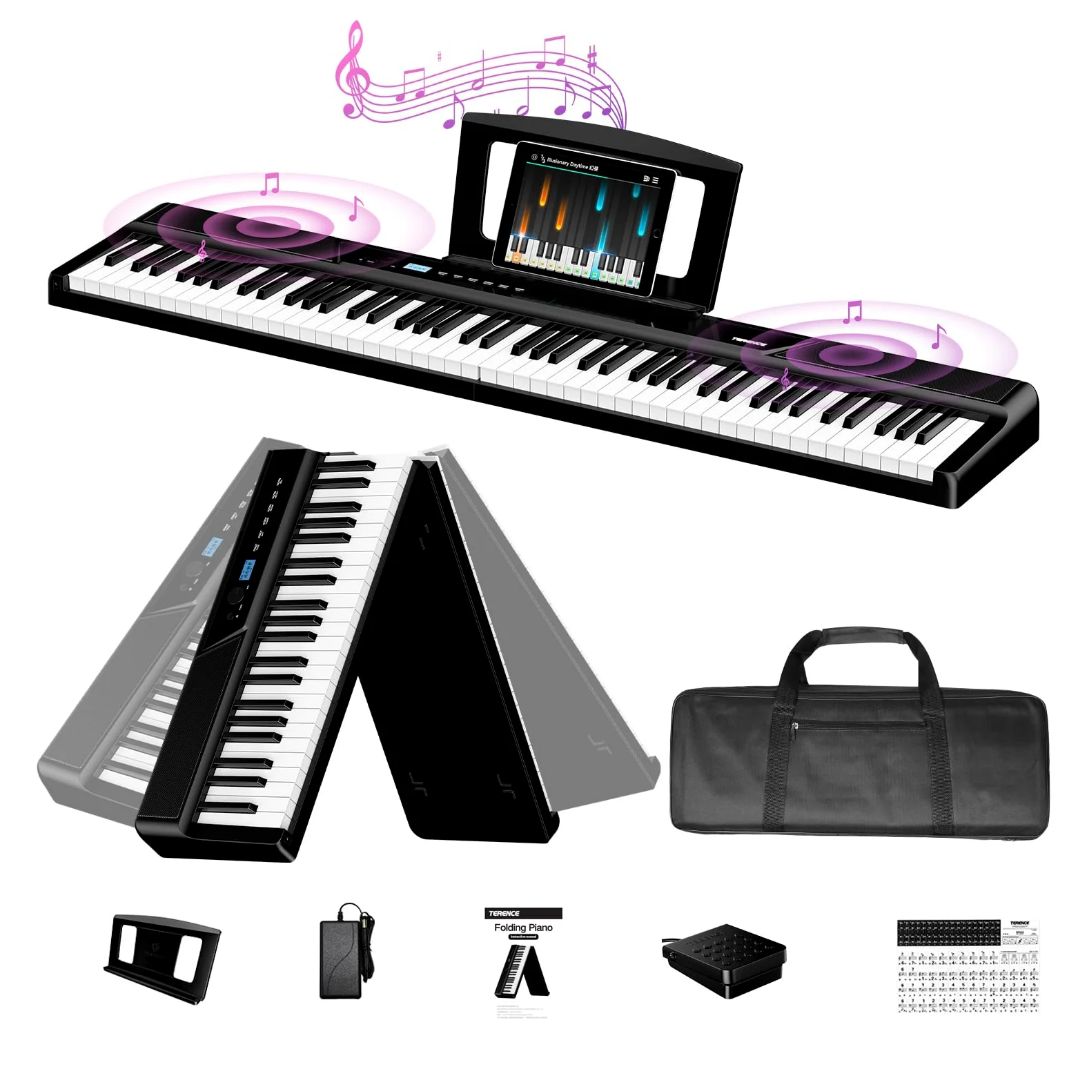 TERENCE Pianoforte Digitale 88 Tasti Tastiera Dinamica Pesata 2 x 15W di Altoparlanti Pannello di Controllo Tattile Funzione di registrazione video Supporto per Cuffie e Altoparlanti Esterni