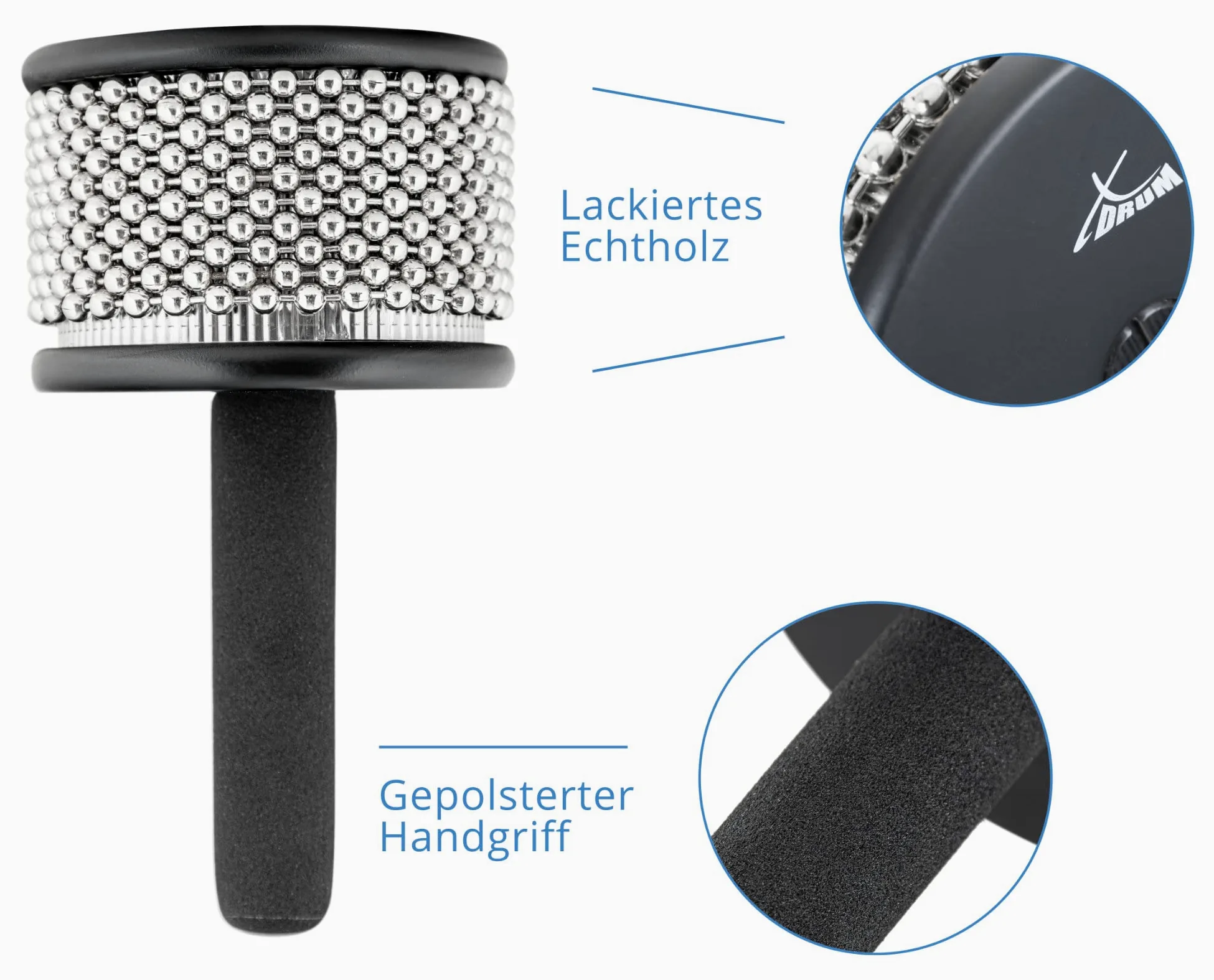 XDrum CB1-BK Cabasa Medium - Strumento Ritmico Classico in Legno - 10 Catene da 34 Perle - Dimensione Media - Può Essere Strofinato o Scosso - Manico Imbottito - Nero