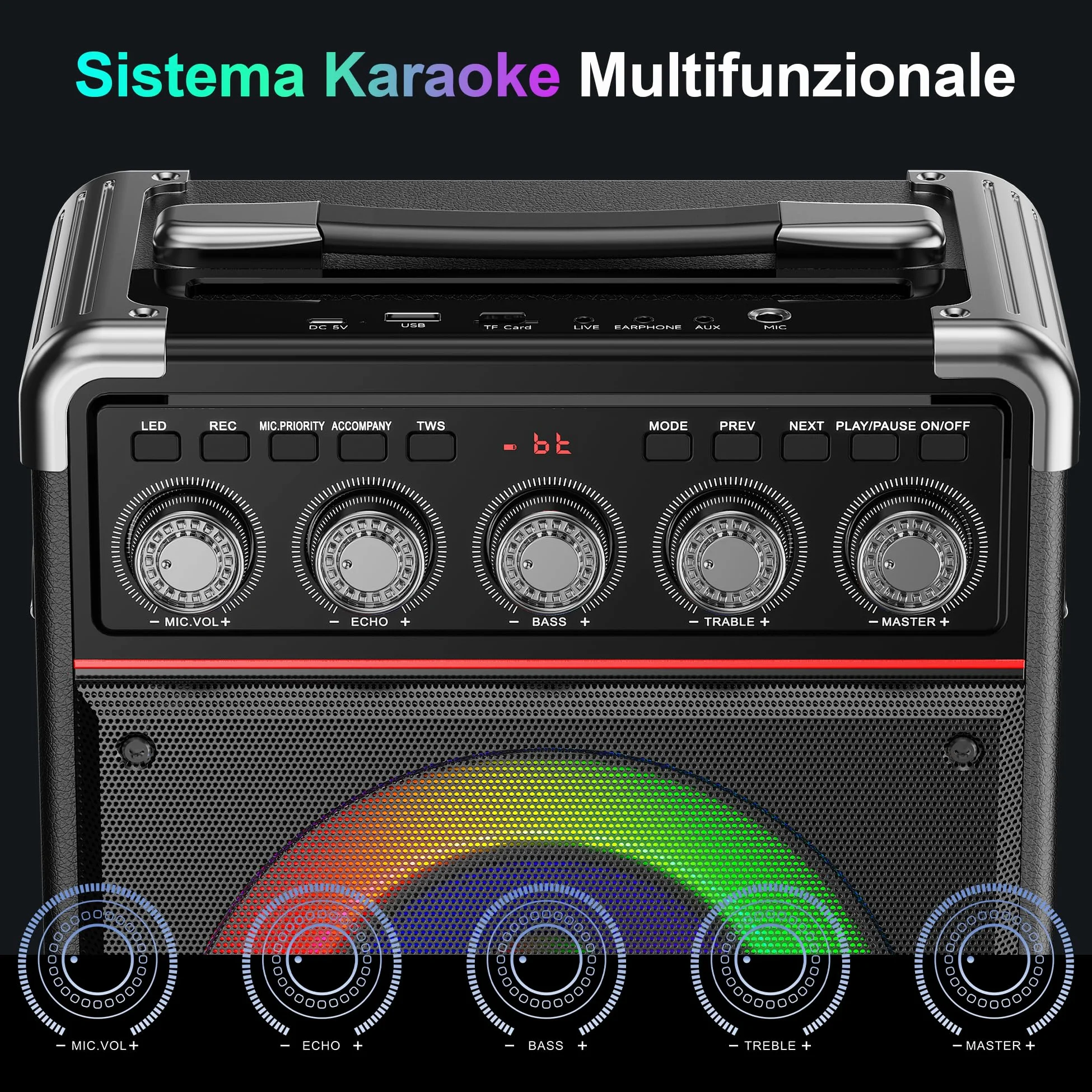 JYX Karaoke con 2 Microfono, 100W Cassa Bluetooth, Autonomia 18 Ore, Karaoke Professionale Completo, Potatile PA Sistema e Luce LED & telecomando, Supporta Bluetooth/TF/USB/AUX/TWS