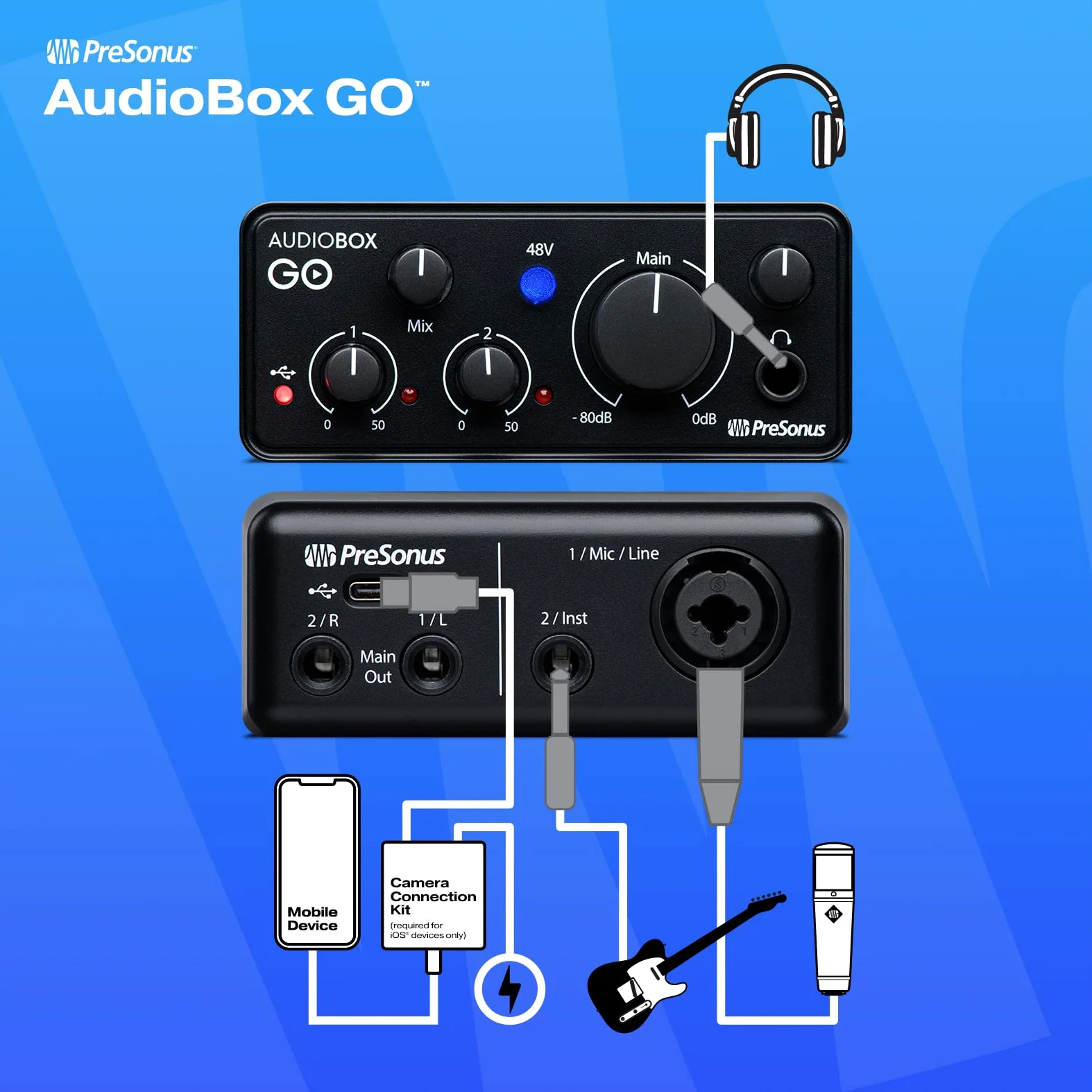 PreSonus AudioBox GO – Interfaccia Audio USB-C Compatta per Produzione Musicale, Streaming e Podcasting con 6 mesi di Fender Studio Pro