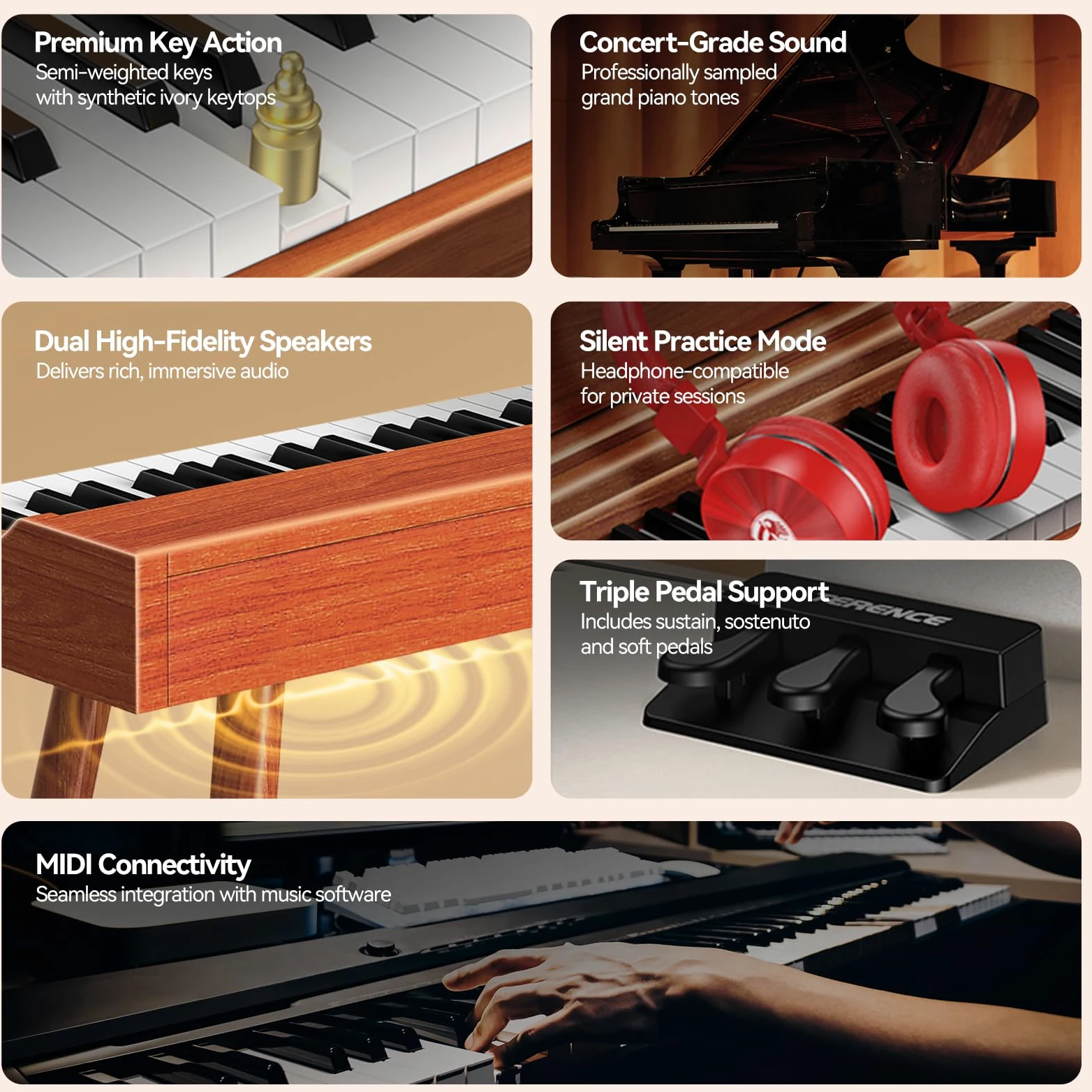 TERENCE P10 Pianoforte Digitale 88 Tasti per Principianti, Studenti & Intrattenimento Domestico | Sistema a 3 Pedali, Altoparlanti Stereo 20W, Doppia Uscita Cuffie