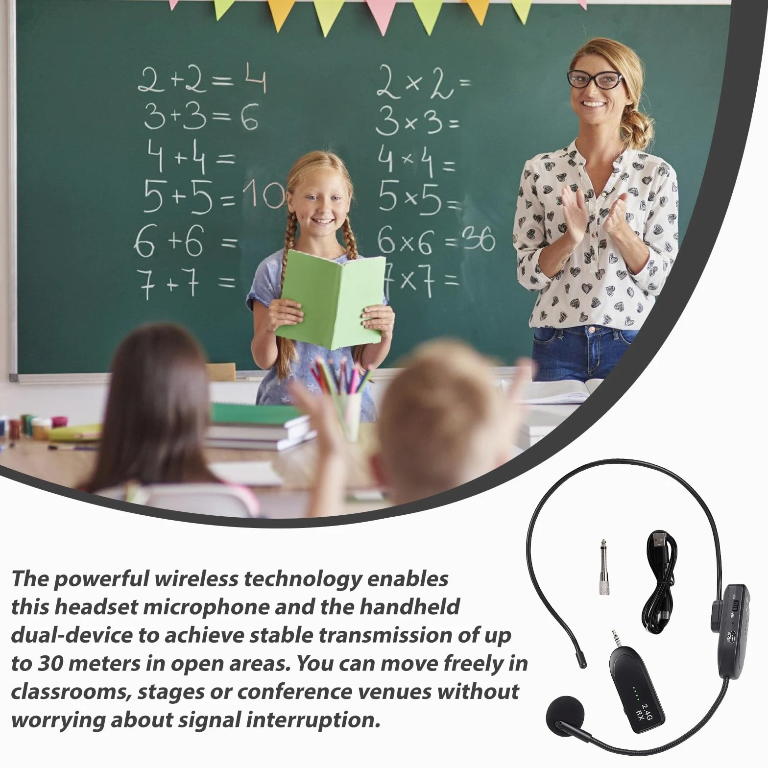 Microfono Wireless Headset: Microfono Wireless Ricaricabile 2,4G UHF, Microfono Senza Fili Headset con Portata di 30M, Microfono da Testa e Palmare 2 in 1 per Insegnamento
