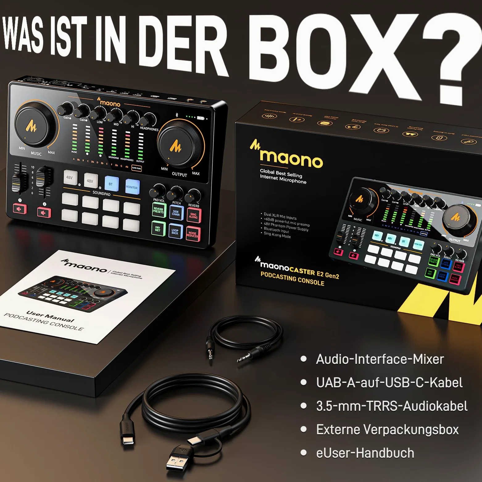 MAONO Pacchetto di apparecchiature podcast: mixer di interfaccia audio con due ingressi XLR per lo streaming di podcast MaonoCaster E2 Gen2