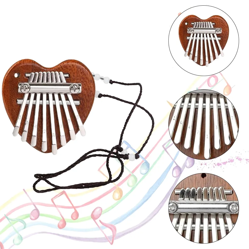 Mini Kalimba a 8 Tasti, Pianoforte per Pollice in Legno Massiccio, Strumenti Musicali Portatili Con Cordino per Bambini, Adulti e Principianti, Forma Cuore