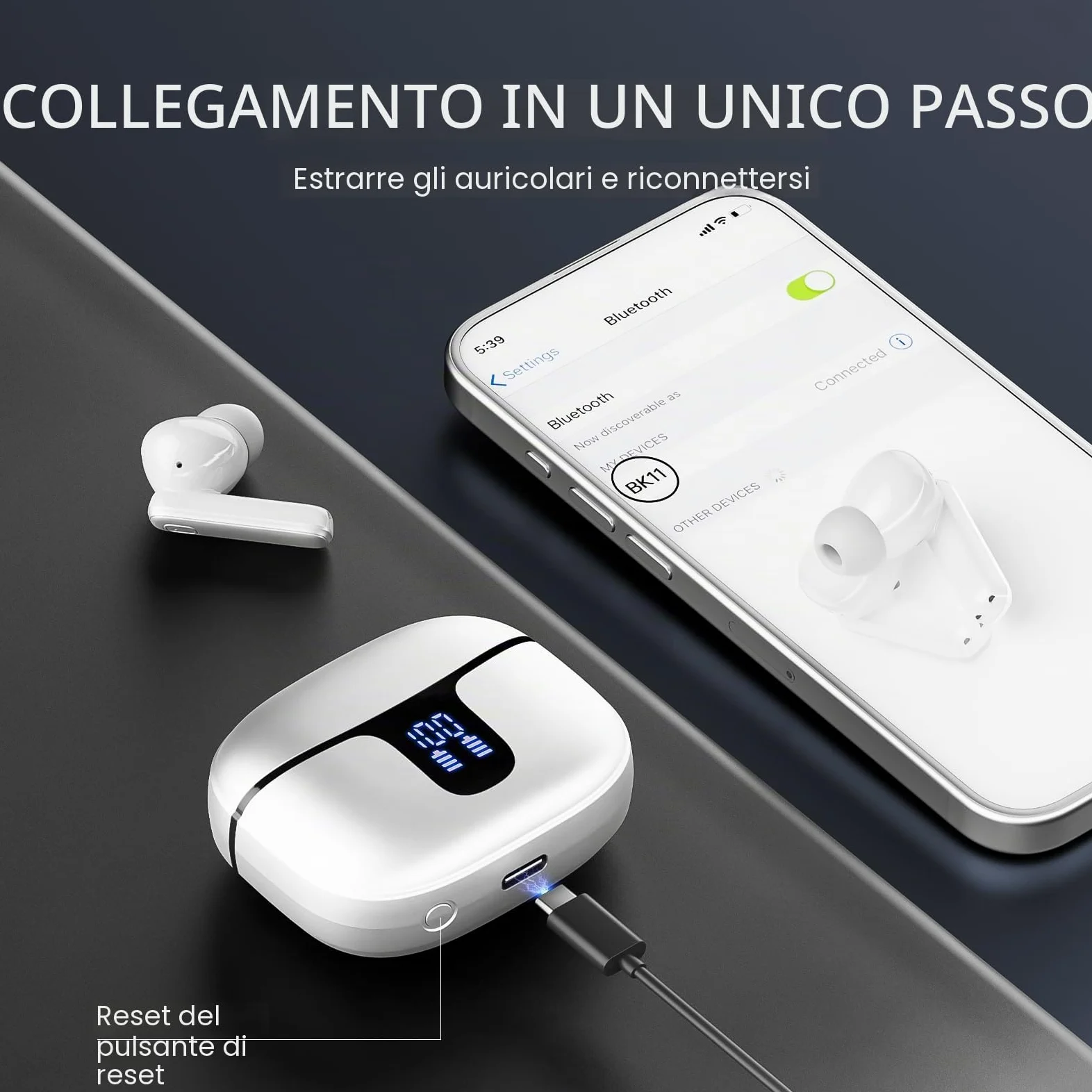 Cuffie Bluetooth, Auricolari Bluetooth 5.3 Stereo HiFi con 4 ENC HD Mic Cancellazione Rumore, Cuffie Wireless Bluetooth 40H LED Display Cuffiette in Ear IP7 Impermeabil, Cuffie Senza Fili USB-C Bianco