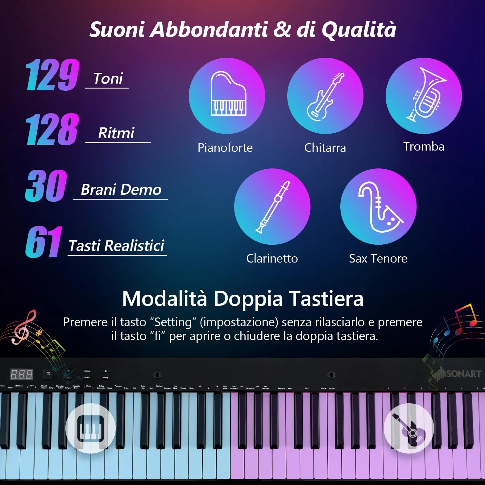 GYMAX Pianoforte Digitale 61 Tasti, Tastiera con Supporto e Sgabello Regolabili, Tasti Semi-Pesati, Funzione MIDI Audio Wireless, Leggio per Musica, Pedale Sustain e Borsa, Nero