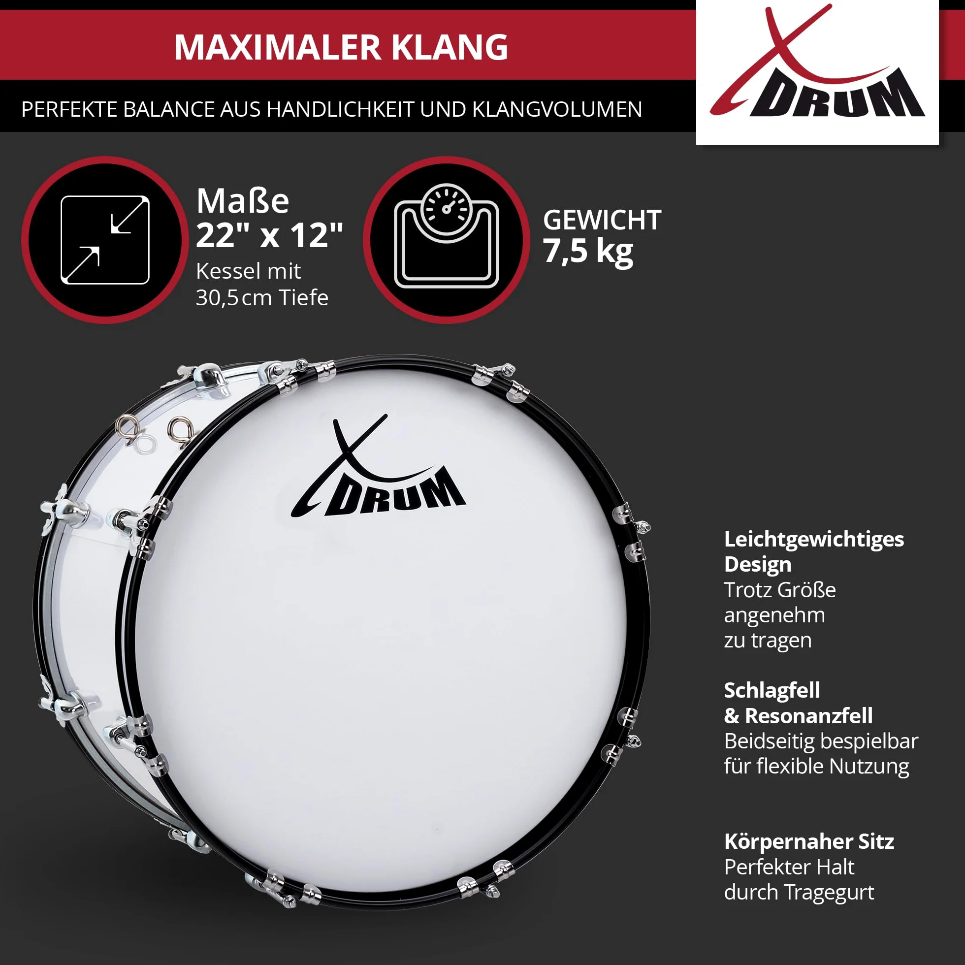 XDrum MBD-222 Grancassa da marcia 22" x 12" - grande grancassa da marcia - 7,5 kg - 4 occhielli per imbracatura - 8 tiranti per lato - incl. mazzuoli, imbracature e chiave di accordatura - Bianco