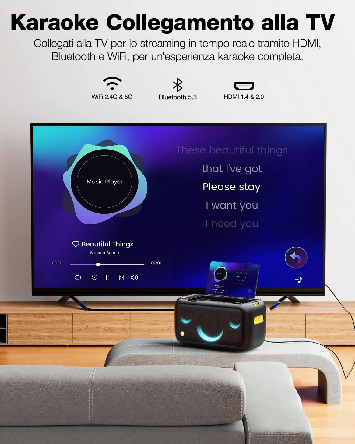 Ikarao Break X1 Macchina Karaoke con Schermo Touch 13,3", Altoparlante Bluetooth 800W, 2 Microfoni Wireless e Luci LED – Perfetta per Feste, Serate in Famiglia ed Eventi con Design Moderno