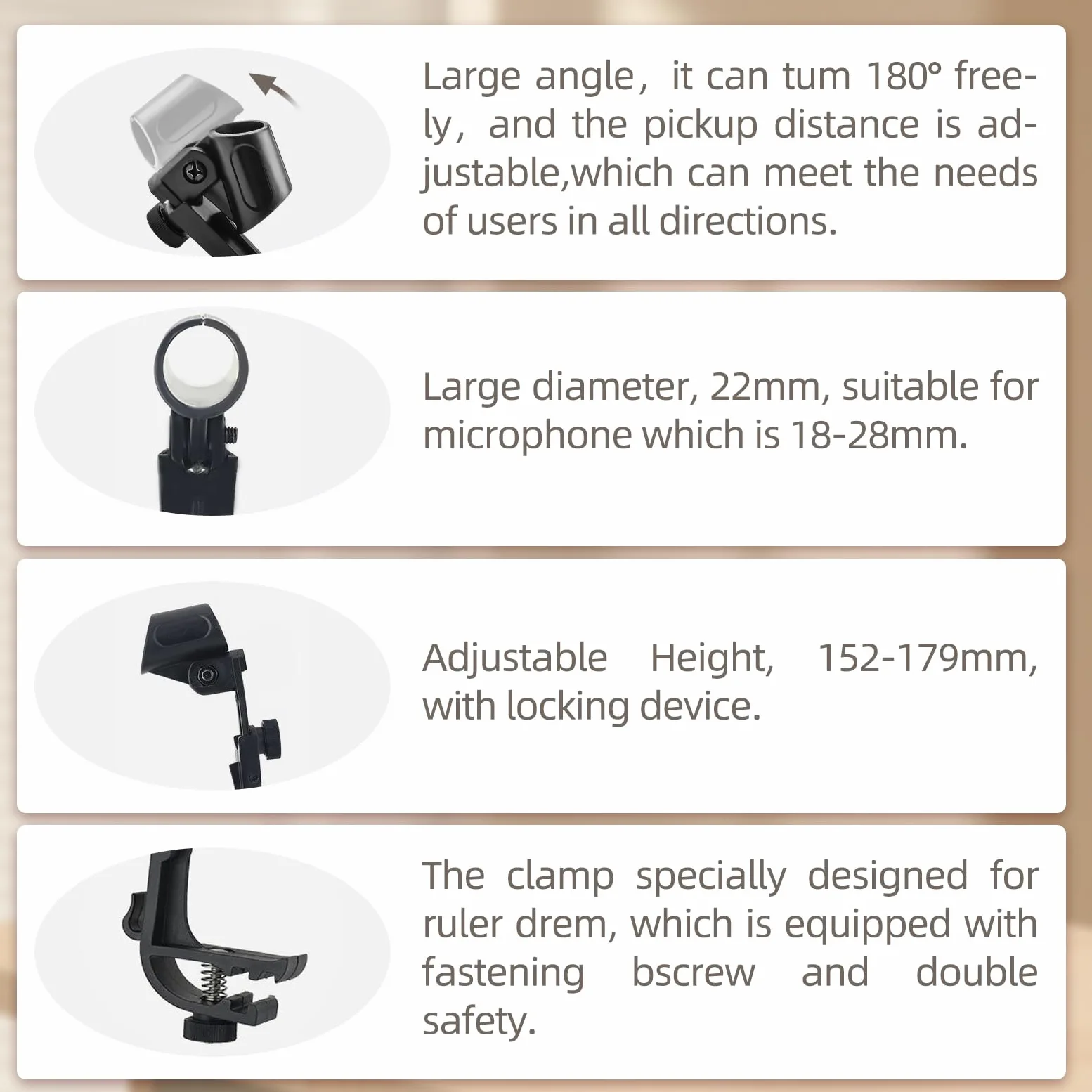 4 clip per microfono a tamburo regolabile, antiurto, supporto per microfono universale, per microfono da 18 – 28 mm, clip per microfono antiurto