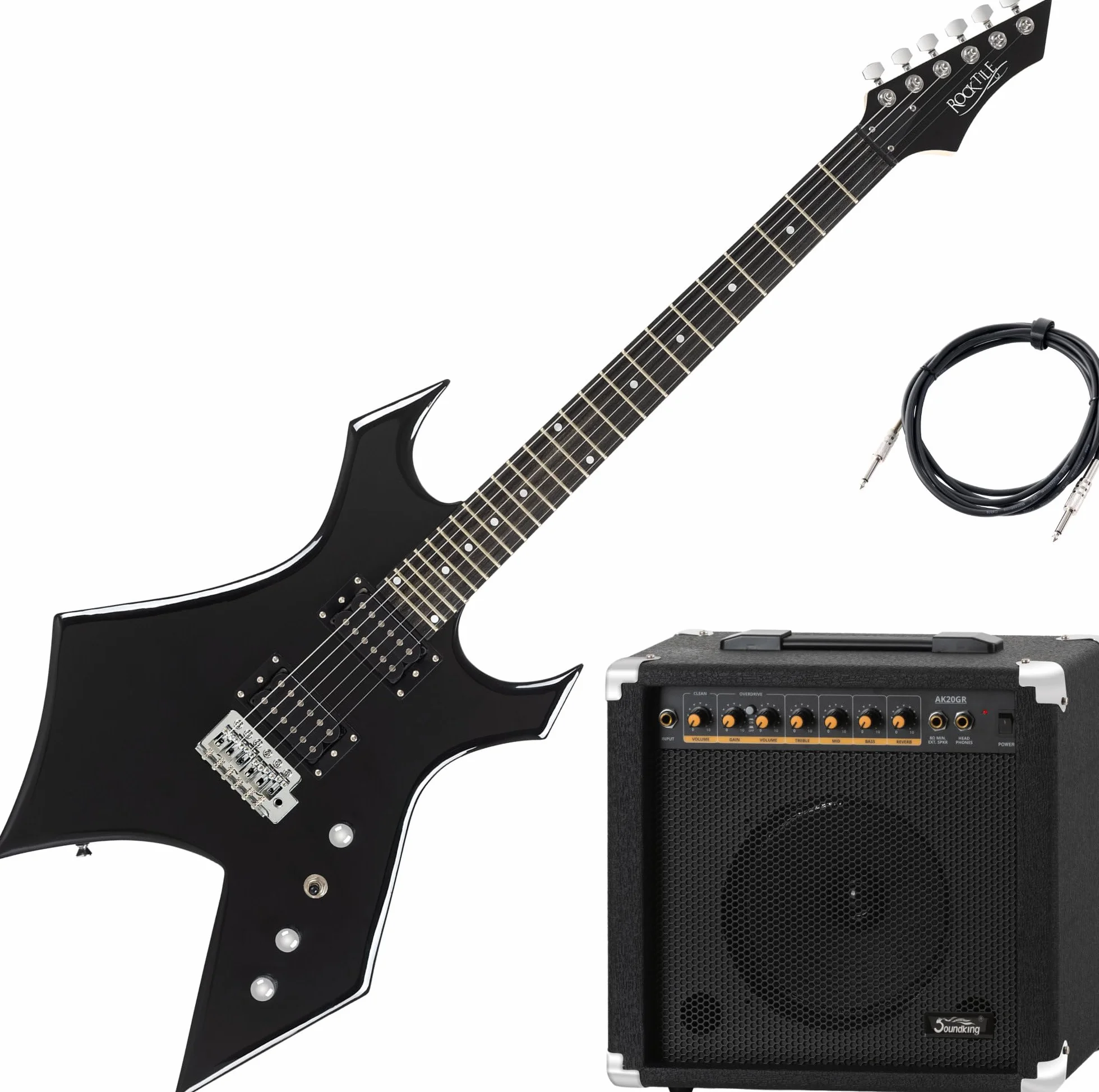Rocktile Warhead Chitarra Elettrica Set AK20GR - Corpo in Tiglio, Tastiera in legno duro selezionato - Set incl. Combo Amplificatore 60W & Cavo Strumento 3m – Ideale per Rock, Metal & altro – Nero