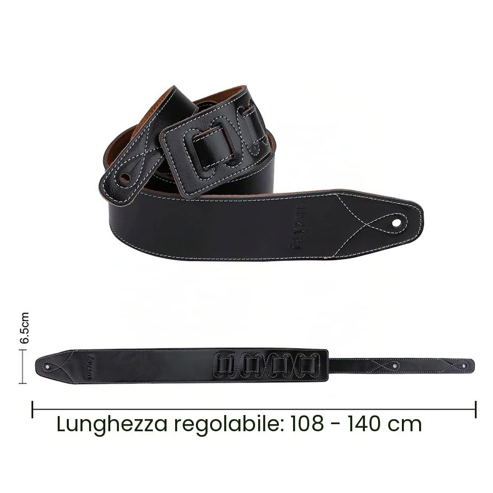 Rayzm Tracolla per Chitarra e Basso con Retro Scamosciato, Tracolla in Vera Pelle per Chitarra Acustica, Elettrica e Basso, Larghezza 6.5 cm, Lunghezza Regolabile da 108 cm a 140 cm