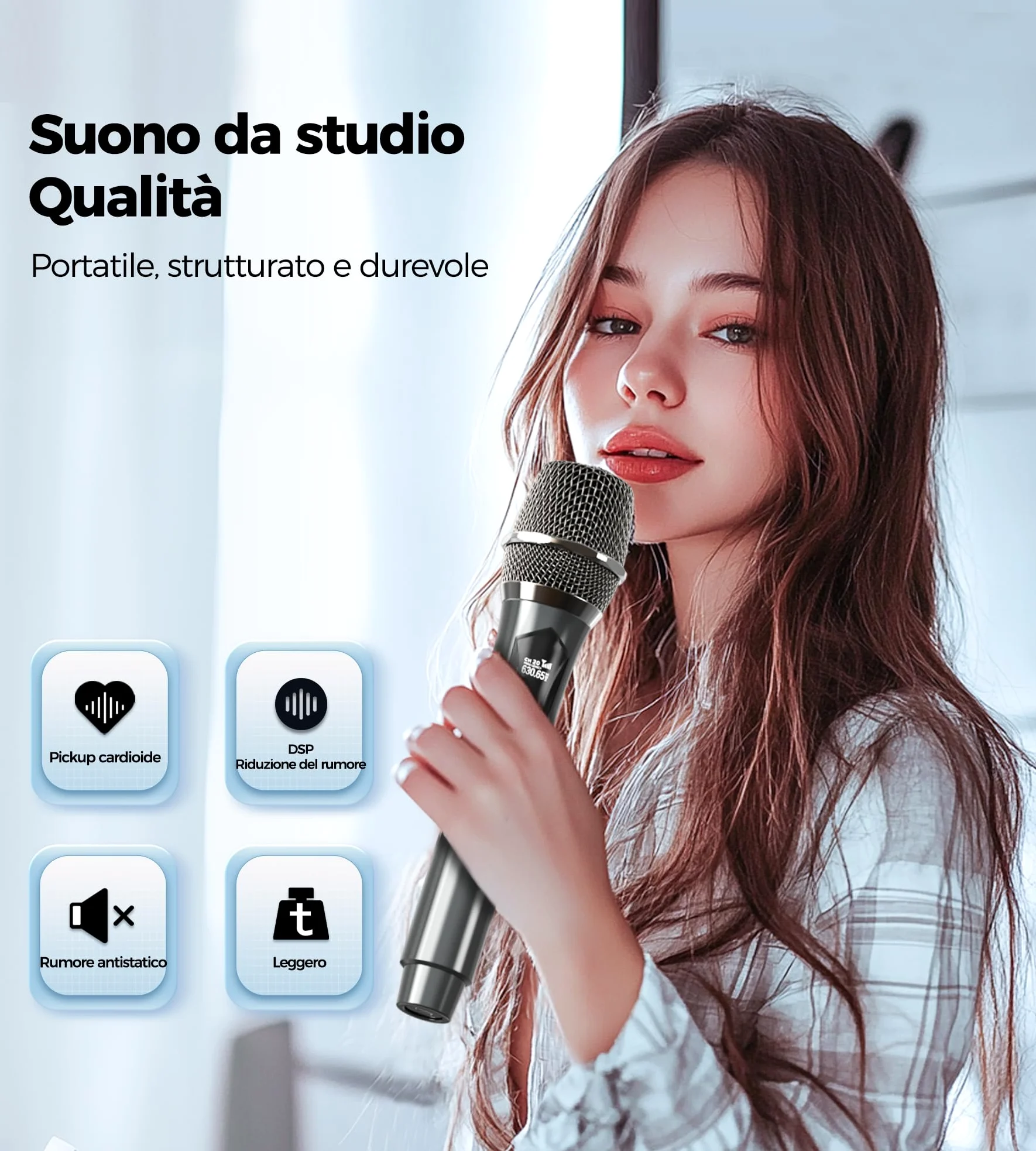 MAILANGSHI Microfono Wireless, sistema di microfono cordless portatile doppio in metallo ricevitore ricaricabile, durata 50ore, portata 200 piedi, microfoni per karaoke per canto karaoke (Grigio)