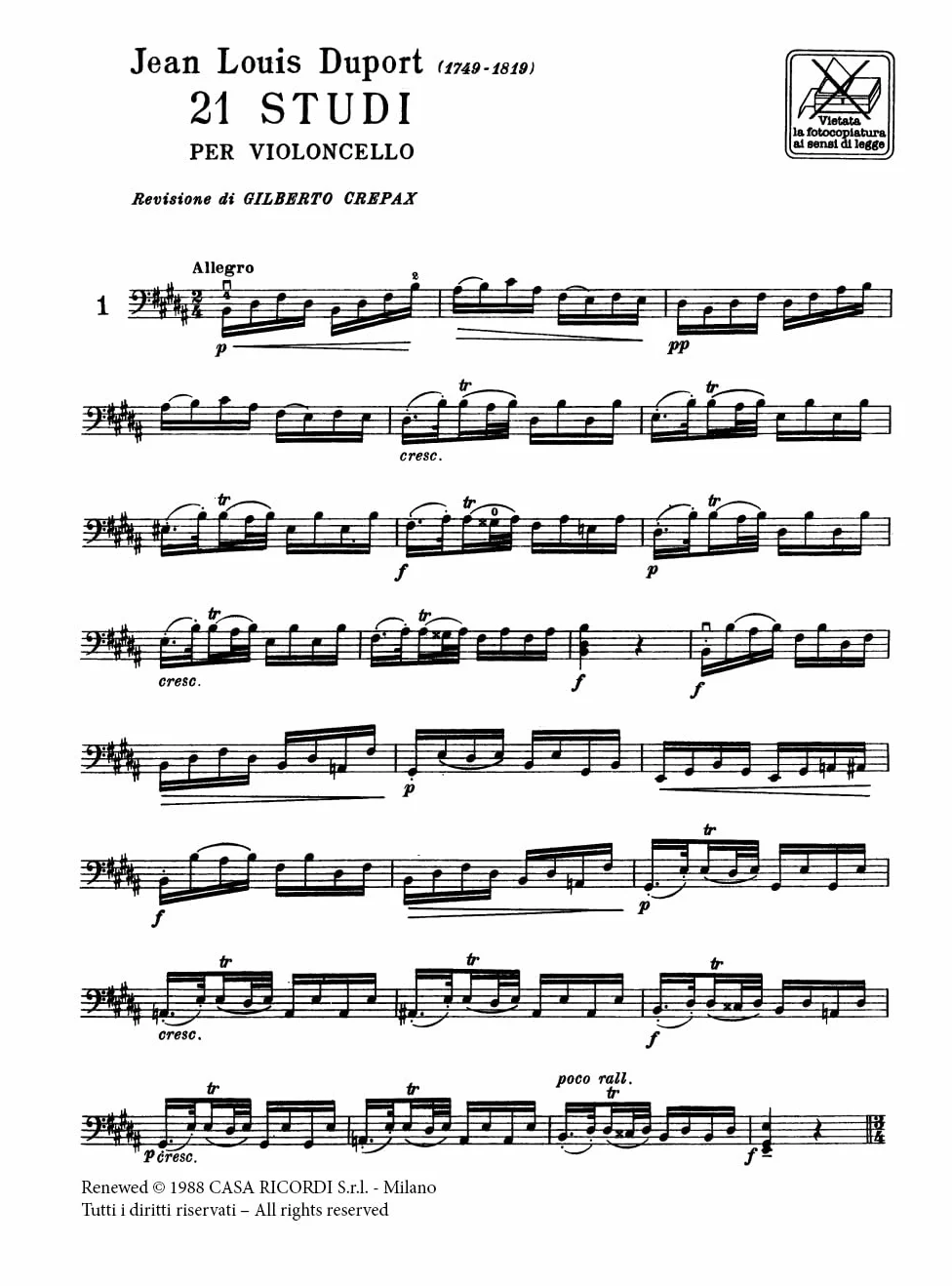 DUPORT 21 Studi per Violoncello | Crepax | Livello Intermedio Avanzato | Tecnica Studio Esercizi Progressivi Studenti Insegnanti Conservatorio | Repertorio Violoncello Classico | Spartito Ricordi