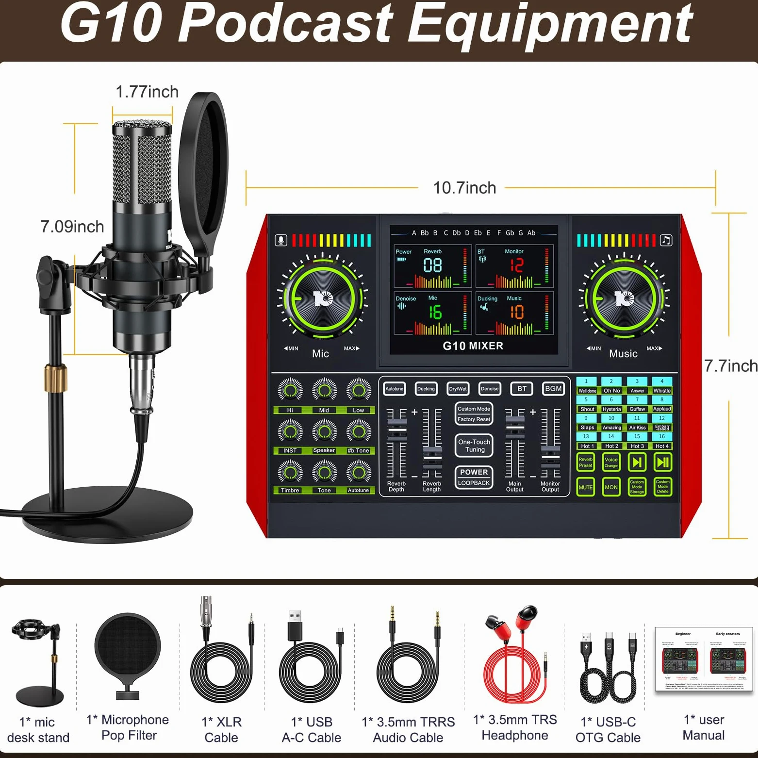 Denoise (P15) - Set di attrezzature per podcast con microfono a condensatore da 3,5 mm per pc/telefono, live streaming, canto e registrazione di musica, mixer audio con scheda audio dal vivo, scheda