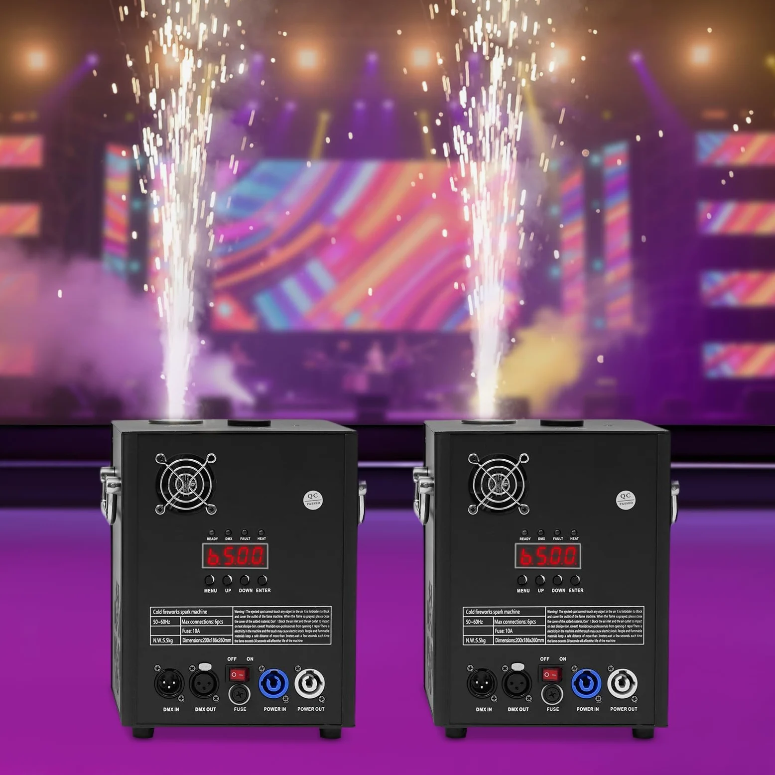 Set di 2 macchine pirotecniche con valigetta, 750 W, fuochi d'artificio freddi, DMX512 e telecomando, macchina da palcoscenico regolabile in altezza per matrimoni, feste, DJ, concerti, colore nero