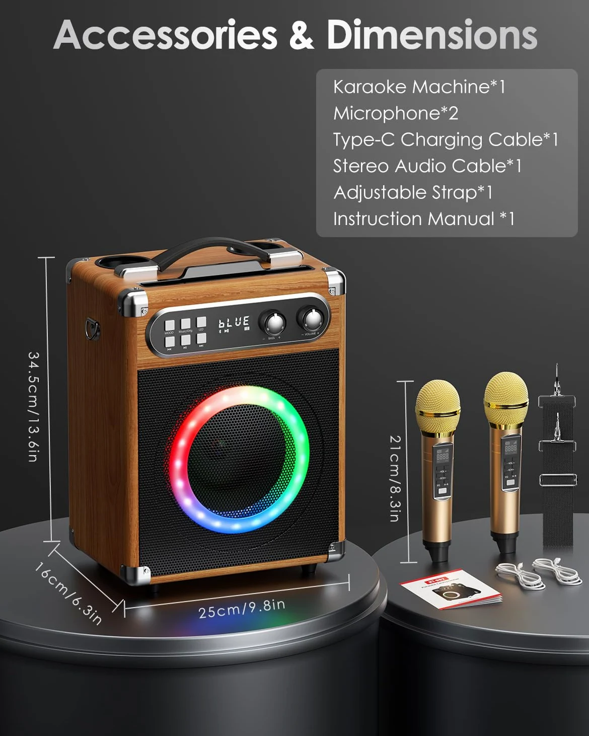 Karaoke Macchina portatile Karaoke professionale con 2 microfoni wireless UHF, sist. PA con lampada DJ, ideale per karaoke familiare, feste di canto, feste di matrimonio, matrimonio