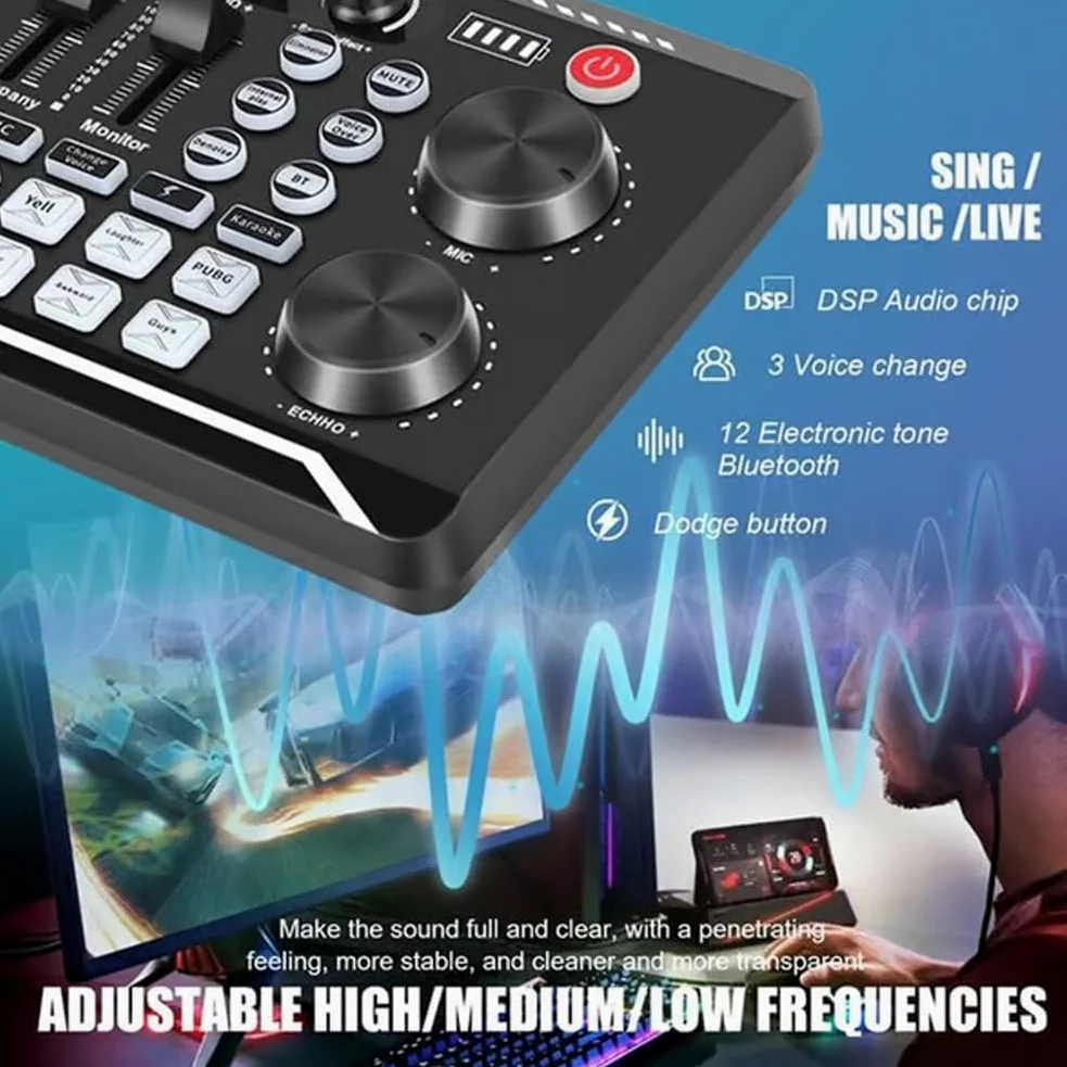 Scheda Audio Live con Effetti di Mixer e Cambiatore di Voce, F998 Mixer Audio, Scheda Audio Professionale con Luce LED, Molteplici Effetti Sonori e Cambiatore di Voce per Streaming,Black