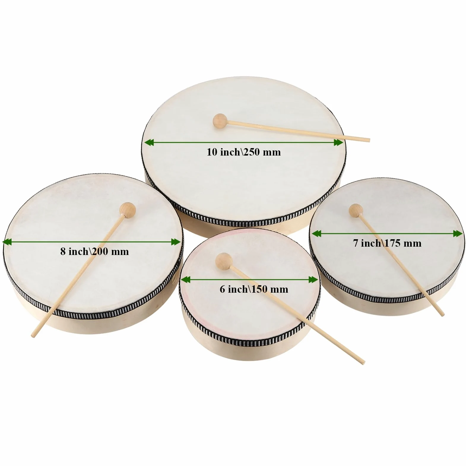 Confezione da 4 tamburi a mano, 4 misure con 4 bacchette per apprendimento del ritmo, spettacoli musicali, feste e appassionati di percussioni, 15,2 cm, 17,8 cm, 20,3 cm, 25,4 cm
