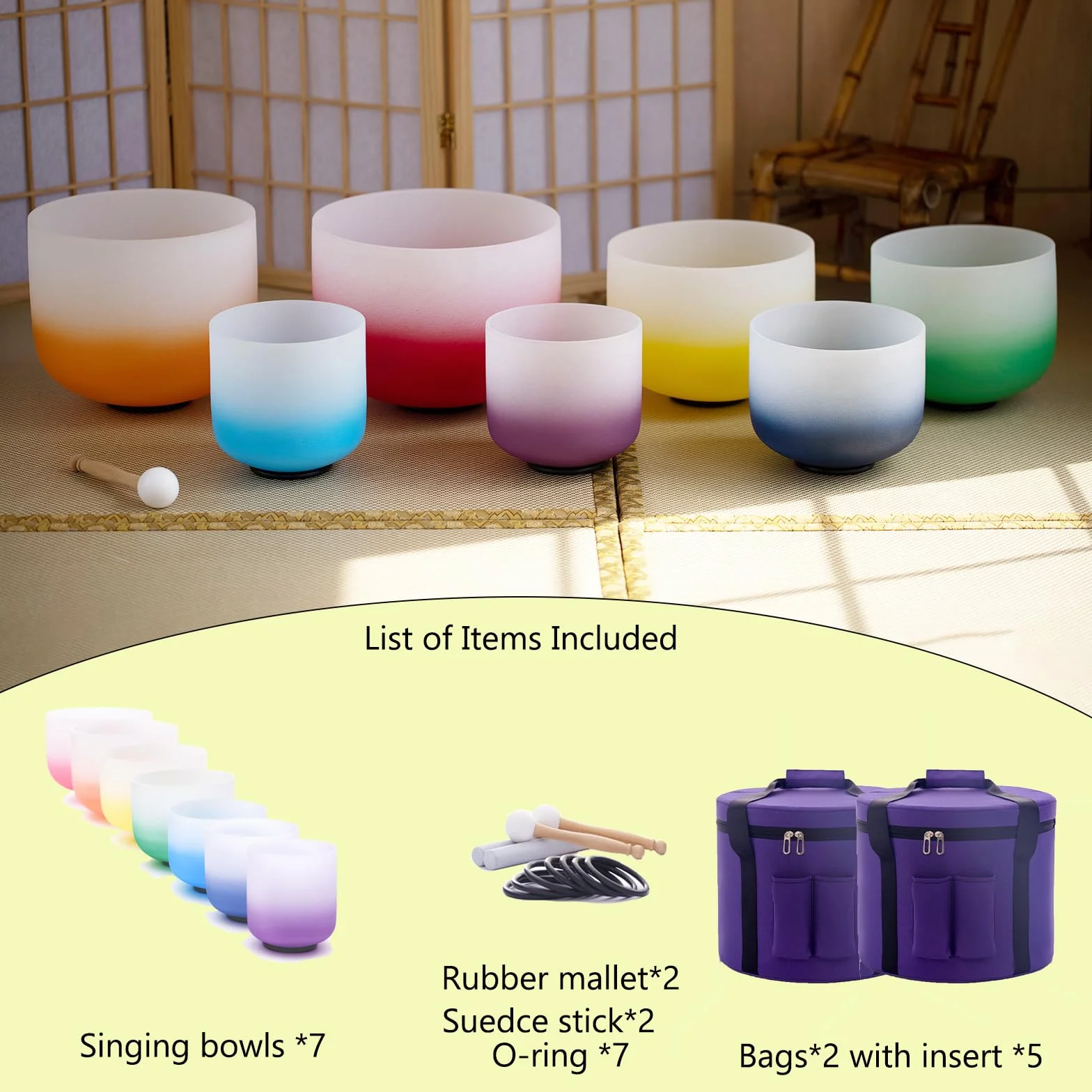 Hye-eun 7 campane tibetane in cristallo da 17,8 a 30,5 cm, 432 Hz, per yoga, meditazione, con custodia resistente (sfumato colore, 7 pezzi)